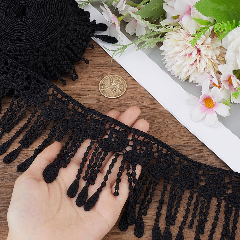 CABODYALS 5 Yards 3 5/8 Inch Wide Black Lace Fringe Trim Embroidery Trimmings Braid Fabric Polyester Crochet Floral Tassel Durable Ribbons for Sewing Making Dress Curtain Wedding DIY Craft Supply