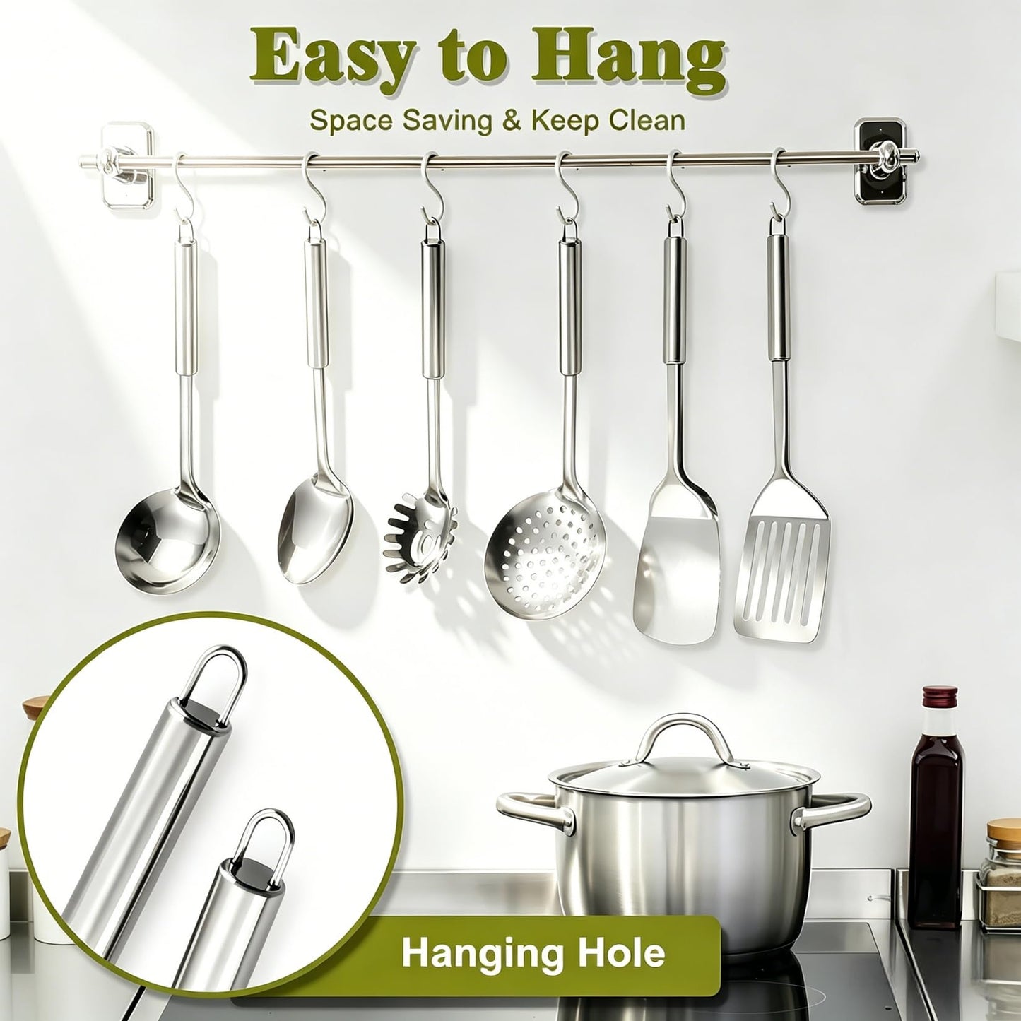 Stainless Steel Kitchen Utensils Set - 12pcs Cooking Utensils Set with Holder, Heat Resistant Kitchen Tool Set for Cooking with Turners, Potato Masher, Spatula, Spoons, Tongs, Whisk
