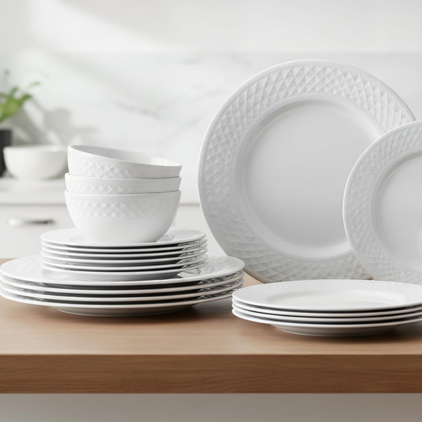 QUANSHANGJU 18-Piece Bone China Dinnerware Set for 6, White Porcelain Plates and Bowls with Textured Design, Lightweight Microwave Dishwasher Safe for Family Dining