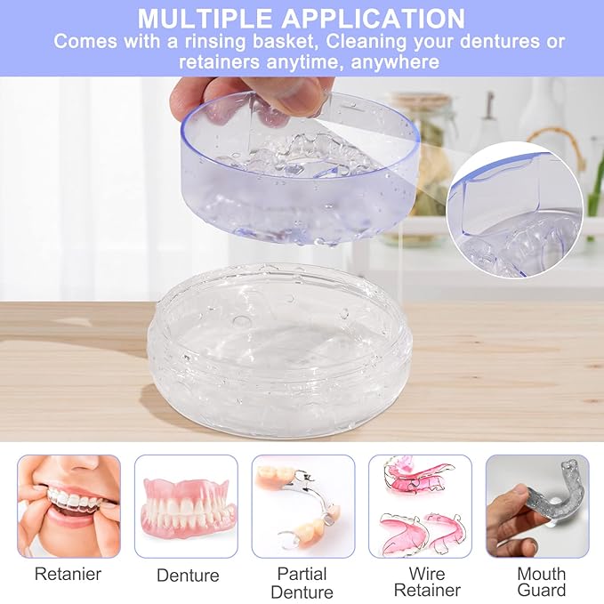 Denture Case, Leak Proof Denture Bath Case Cup Kit for Travel Cleaning, Denture Holder Box Bath Soaking Container for Women & Men with Mirror, Strainer, Removal Tool and Denture Brush(Blue)
