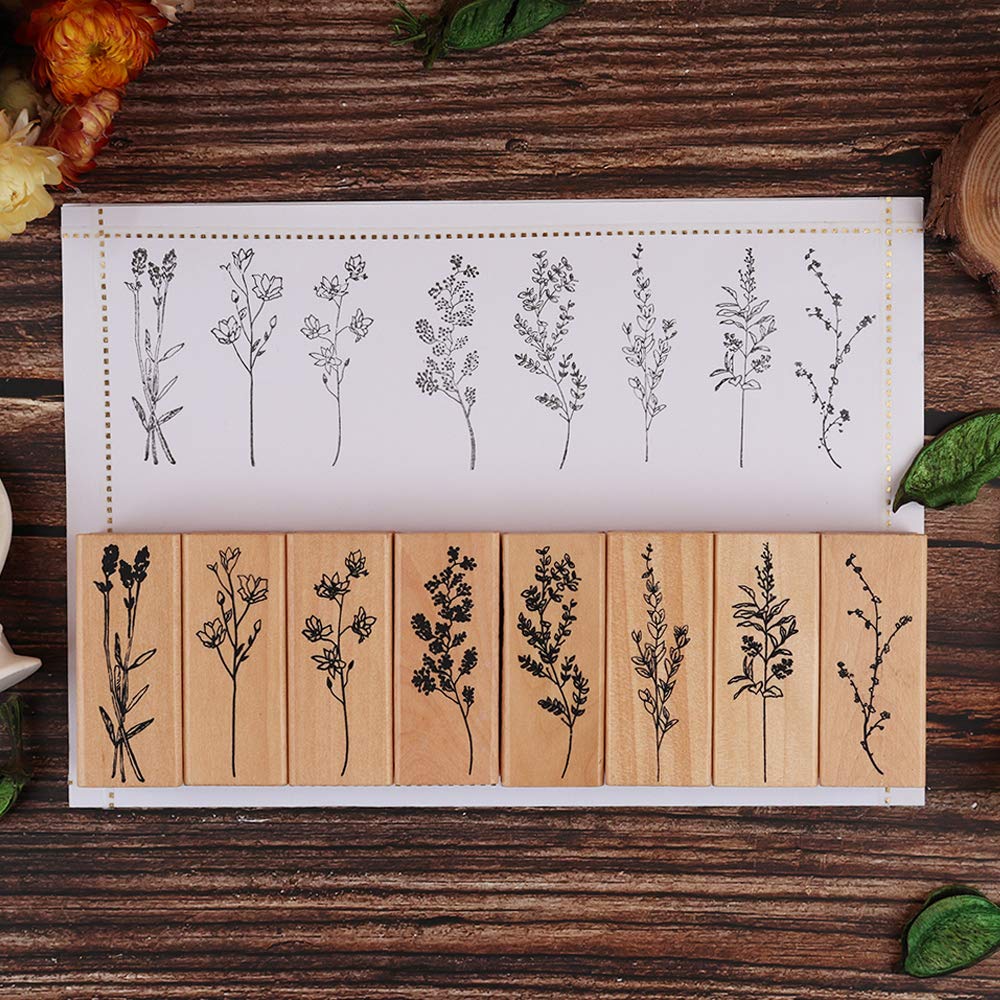 Dizdkizd 8 Pieces Wood Mounted Rubber Stamps, Plant and Flower Decorative Wooden Rubber Stamp Set for DIY Craft, Diary and Craft Scrapbooking