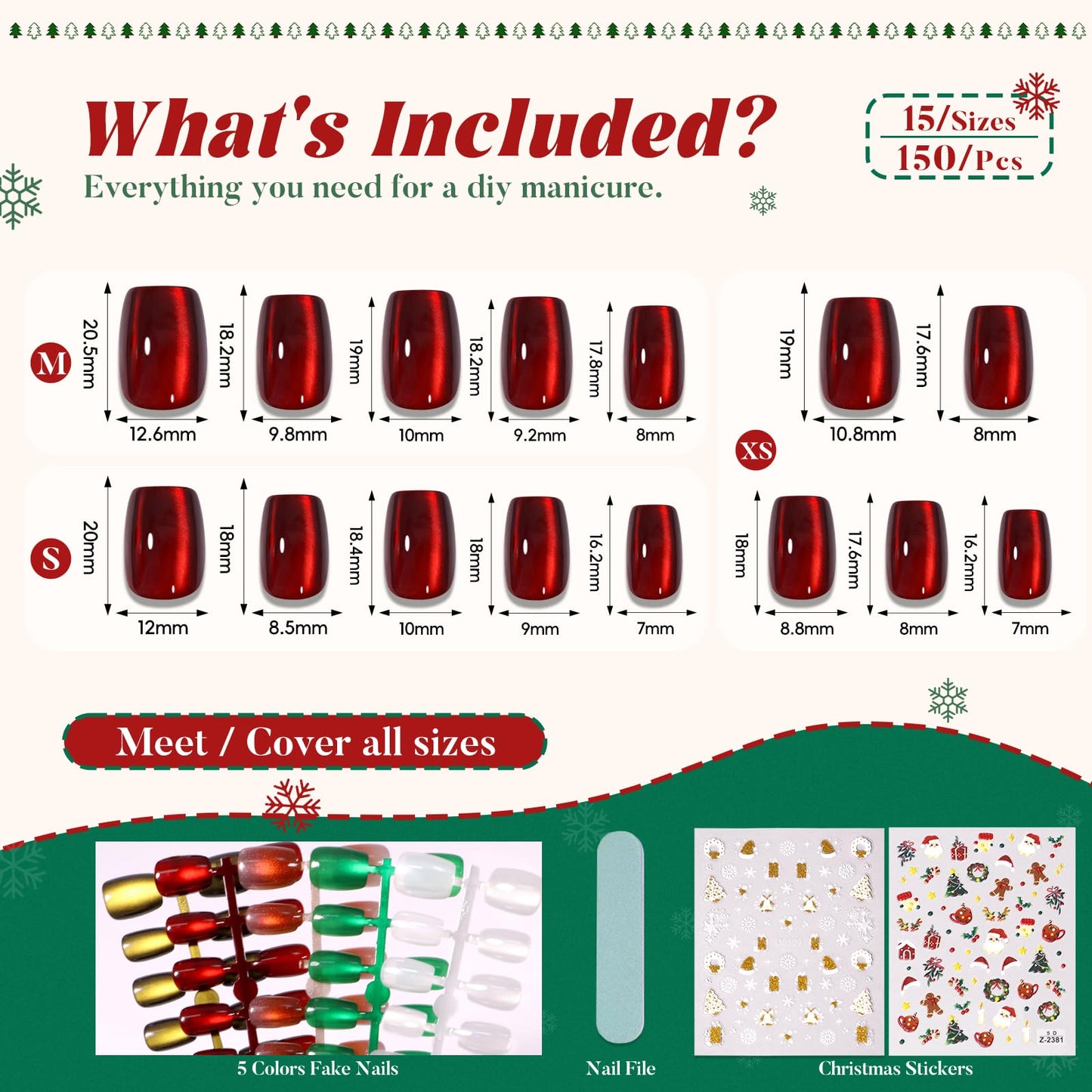 CUZIAM Christmas Press on Nails Short Square Set, 150pcs Jelly Glass Mirror Chrome Cat Eye Nails, Shimmer Snow White Glitter Cherry Red Ruby Holographic Elk Brown Sparkle Green Nails with Stickers