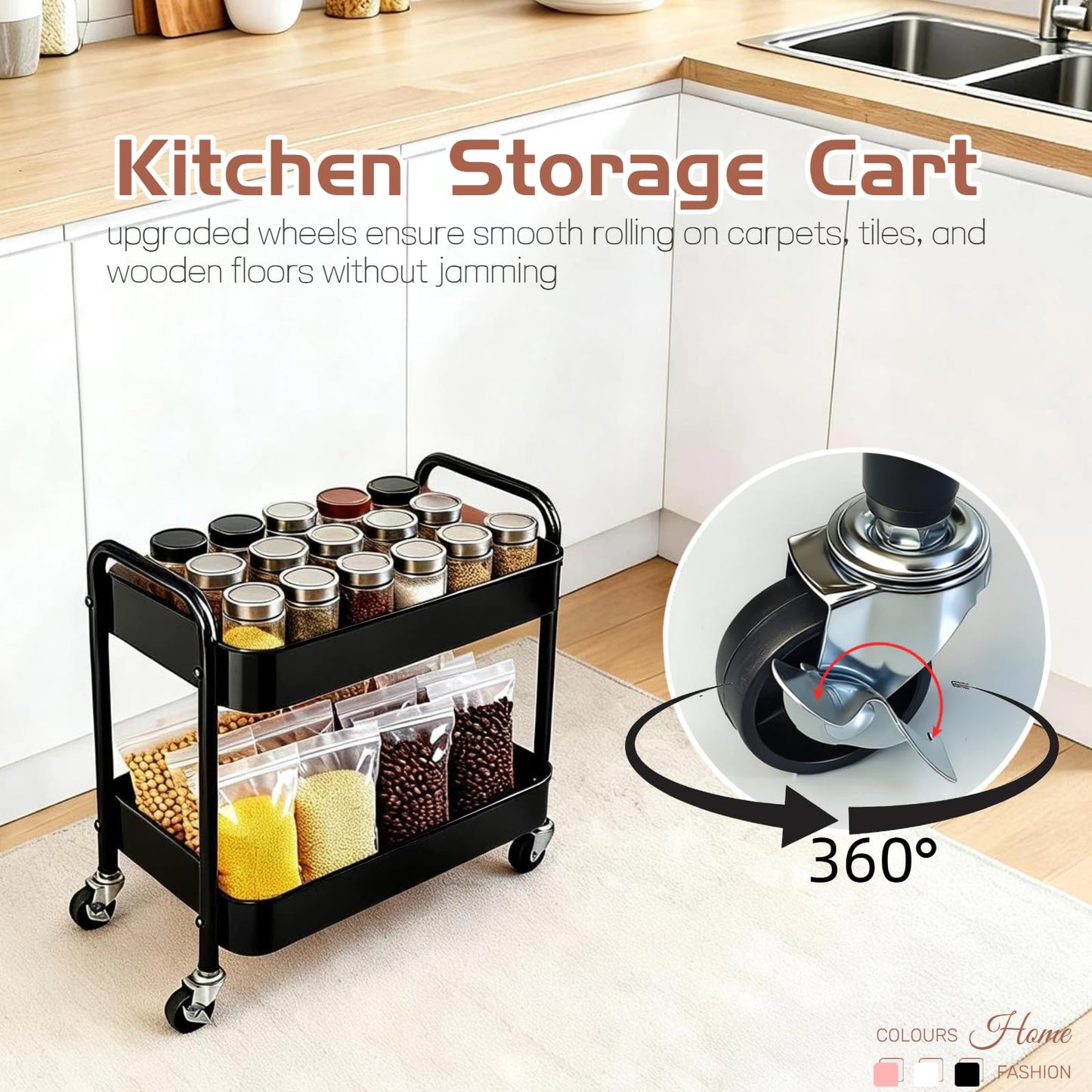 LIWNYRK 2 Tier Rolling Cart with Wheels for Under Desk Storage & Pantry Room, Large Capacity Laundry Room & Makeup Organizer, Sturdy Kitchen Utility Cart for Small Space with 4 Hooks, Black