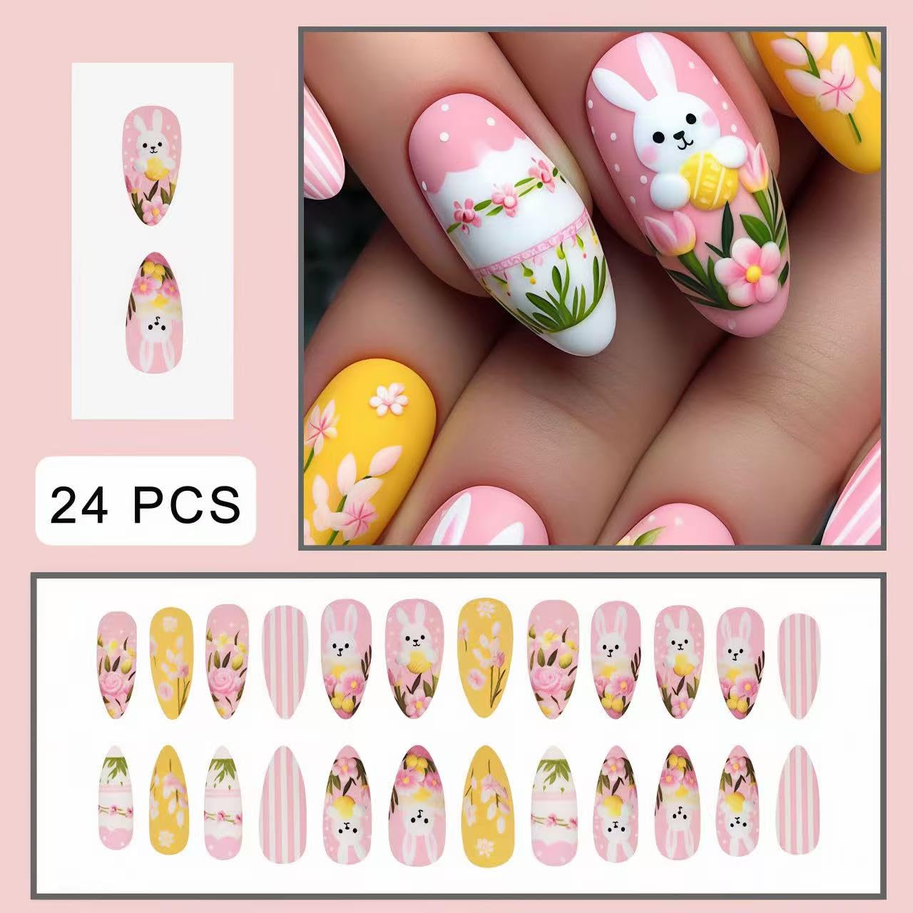 Easter Press on Nails Medium Almond Matte Fake Nails Pink Rabbit False Nails Cute Egg Easter Forest Theme Flowers Acrylic Stick on for Women Easter Holiday Manicure Decoration 24Pcs