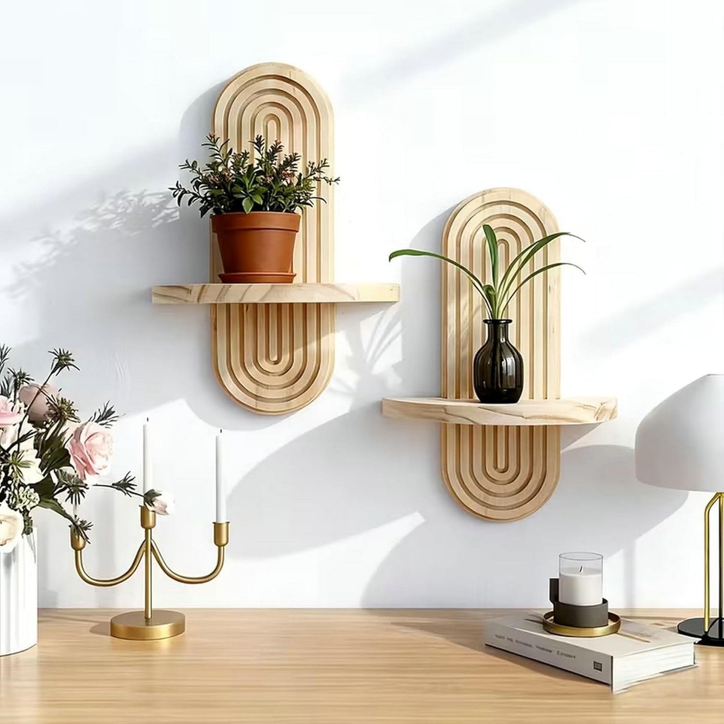 2 Pack Boho Wall Decor Shelf, Solid Wood Arched Wall Shelves, 11.8" X 7.8" Rustic Wall Mounted Shelves for Indoor, Wall Plant Holder for Succulents & Mini Plant Pots (Natural, 11.8" X 7.8")