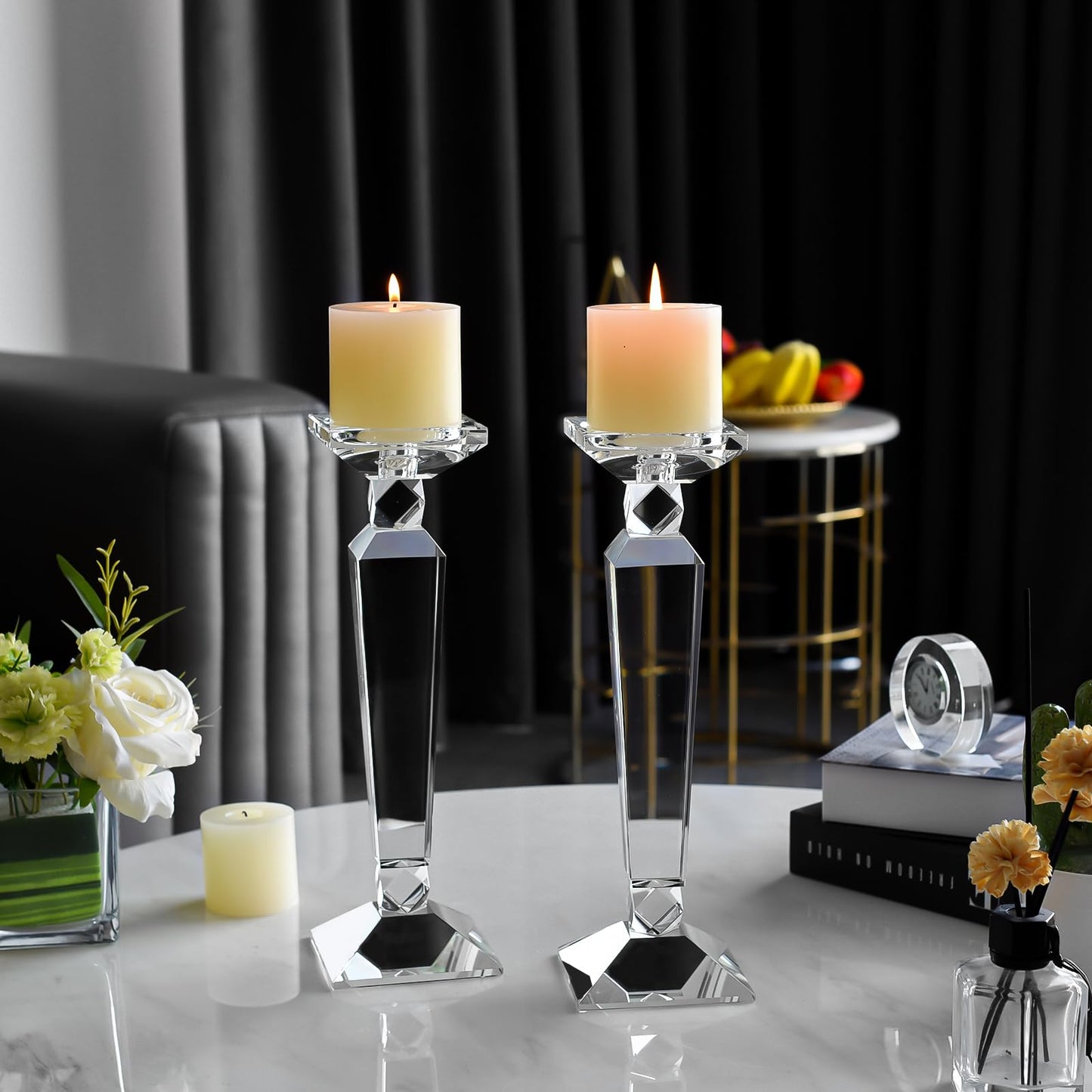 Crystal Candle Holders Set of 2,Crystal Taper/Pillar Candlestick Holders,Ultra Elegant & Modern Centerpiece Home Décor,Wedding(12inch Tall)