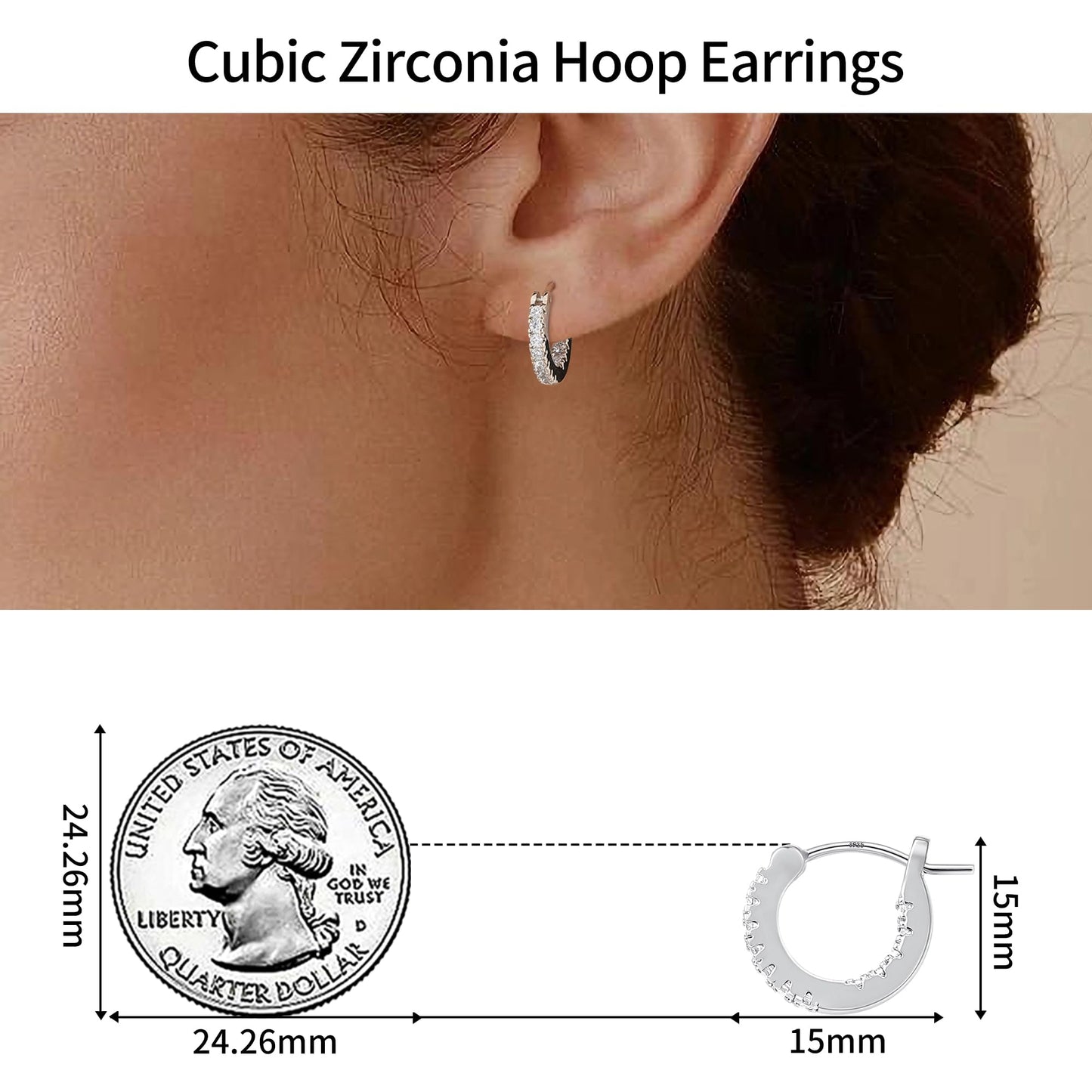Gacimy Silver Hoop Earrings for Women, 15mm Cubic Zirconia Silver Hoop Earrings, 14k White Gold Plated Hoop with 925 Sterling Silver Post