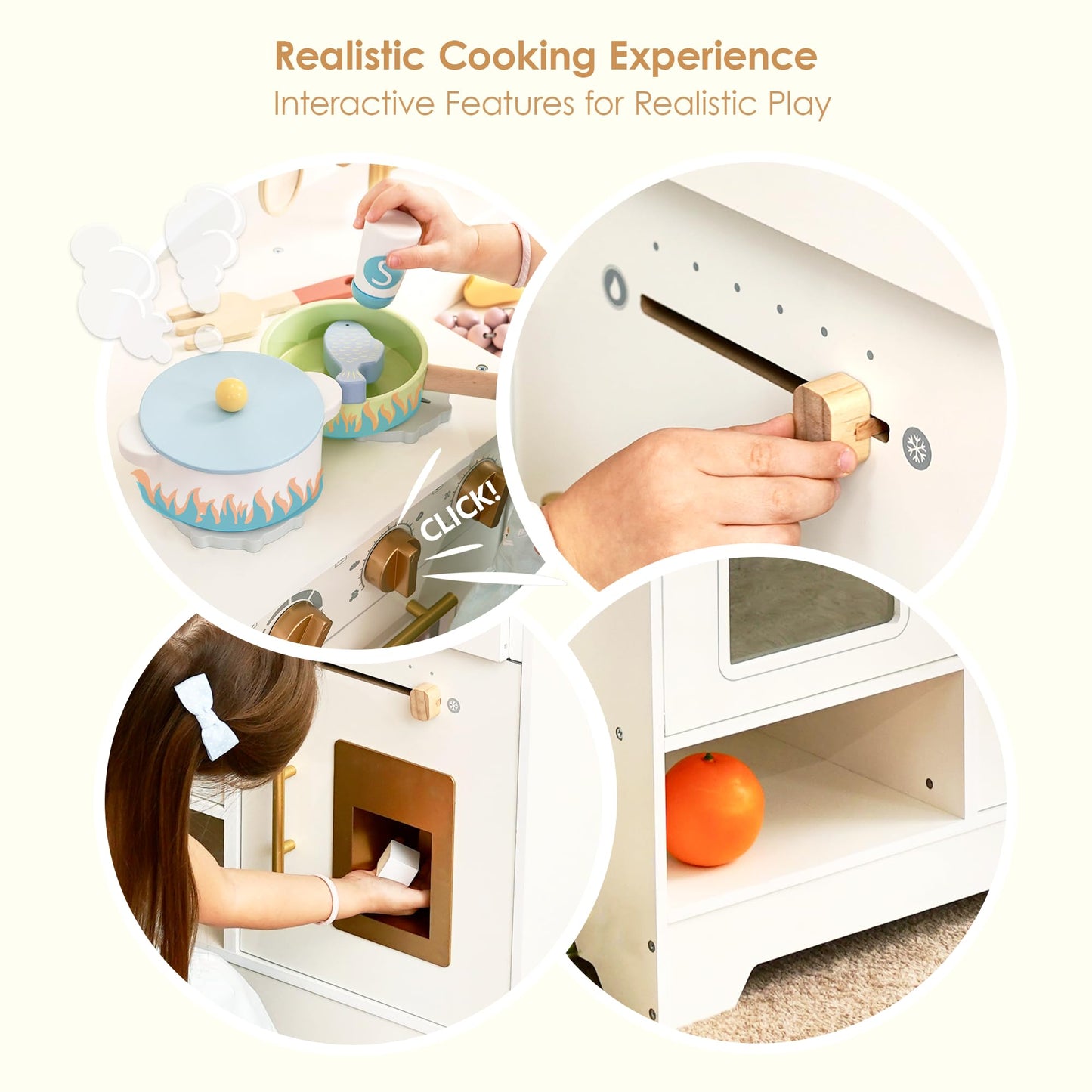 Wooden Play Kitchen for Kids with Ice Maker — Small White Pretend Kitchen Set with Sink, Stove, Oven & Microwave, Utensils and Storage, Montessori Role-Play Toy, Gift for Toddlers Ages 3+