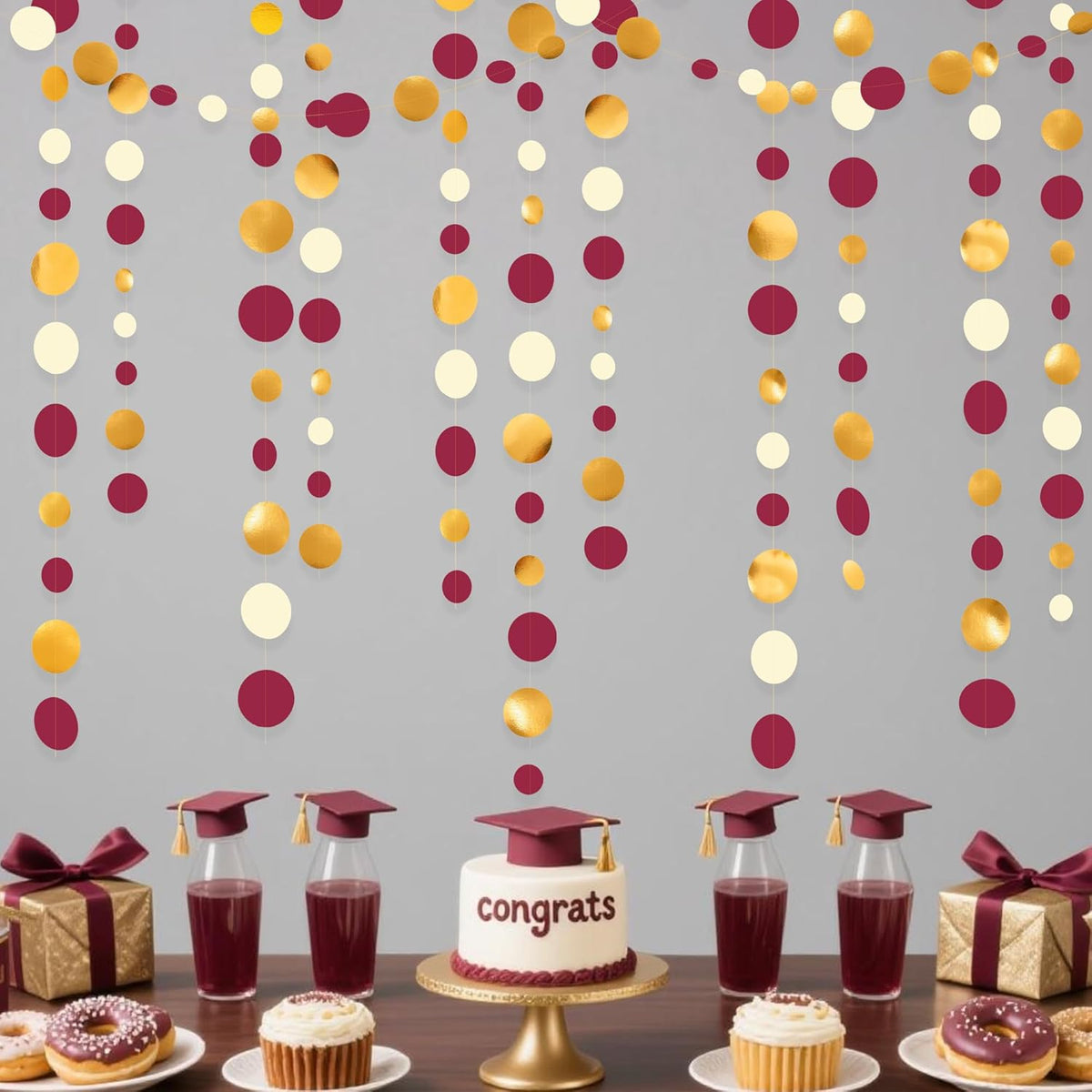 46 Ft Maroon Gold Party Decorations Burgundy Gold Beige Polka Dot Garland Hanging Paper Circle Dots Streamer for Maroon Garnet Graduation Birthday Anniversary Wedding Bridal Shower Party Supplies