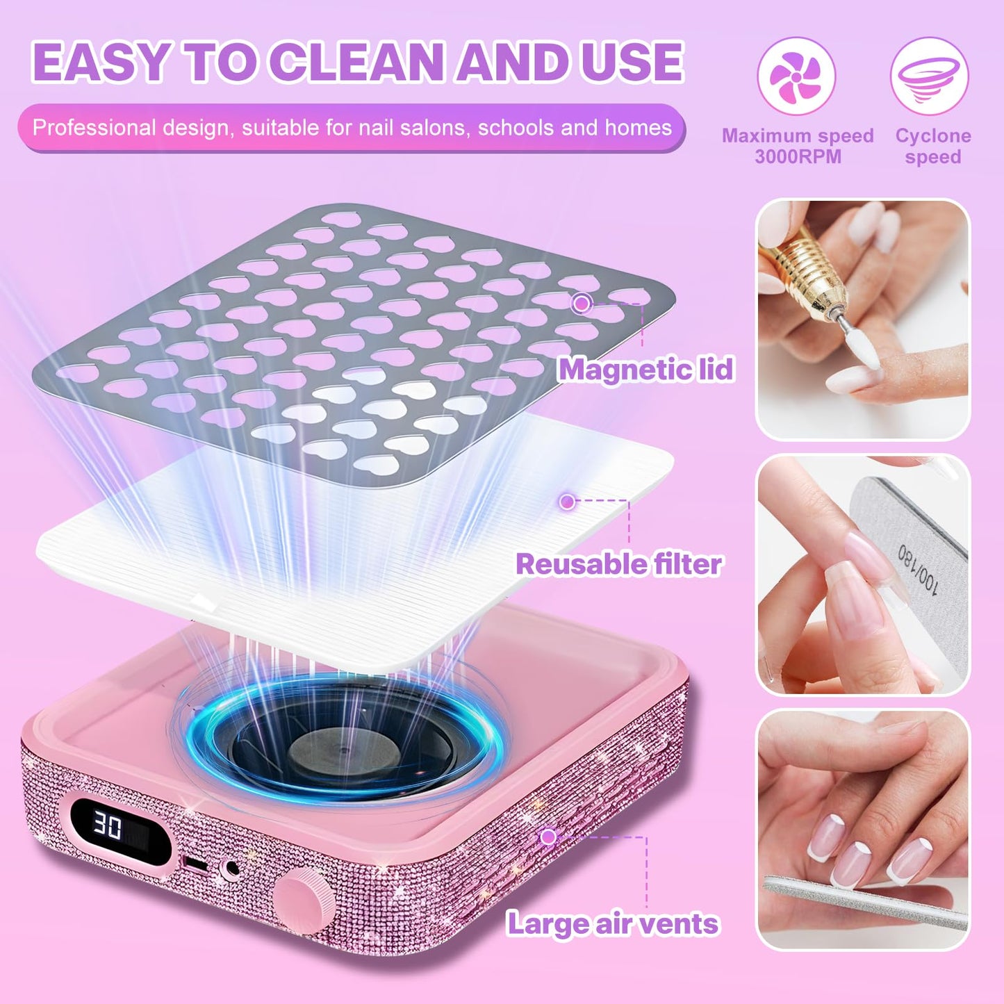 Nail Dust Collector - Nail Fan Dust Collector Compact Salon Tool for Acrylic Nails Polishing, Nail Salon Home (Pink)