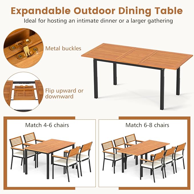 Tangkula 7 Piece Patio Dining Set, Outdoor Acacia Wood Cushioned Chairs and 51”-64” Expandable Rectangular Table Set, with Umbrella Hole, 6 Stackable Armchairs, for Poolside Garden (Off White)