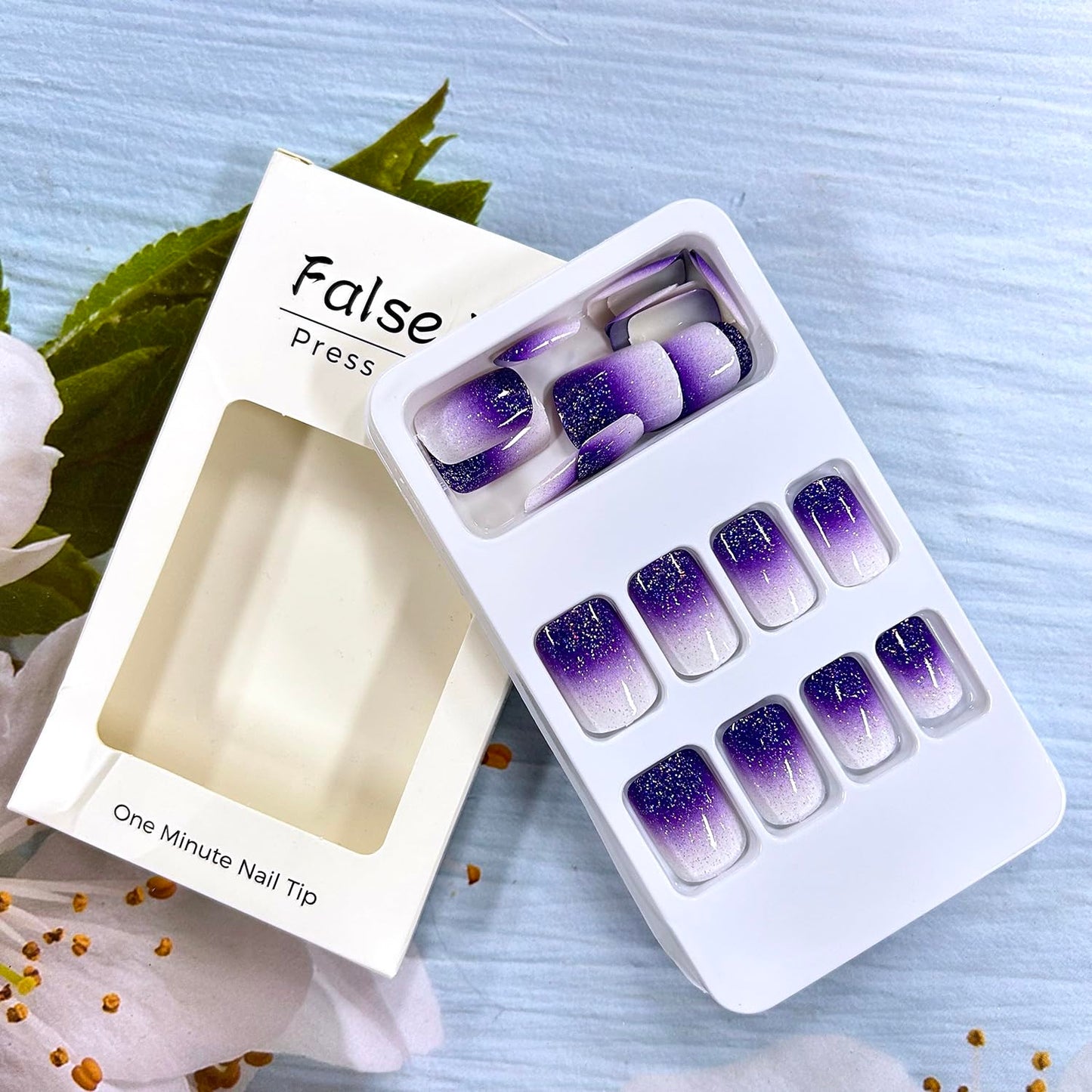 Purple Gradient Press on Nails Square Glitter Powder False Nails Medium Coffin Nails Full Cover Artificial Nails Reusable Acrylic French Stick on Nails DIY Glue on Nails for Women Manicure Kit 24Pcs