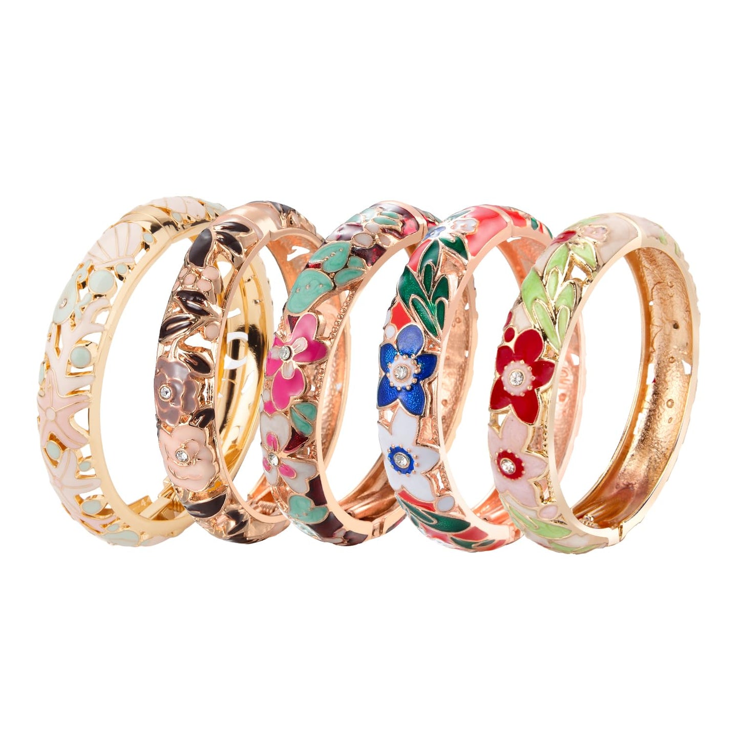UJOY Bangles 5 Pcs Enamel Jewelry Set Rose Gold Flower Engraved Cloisonne Bracelets Pack in a Box 5PCS-88A