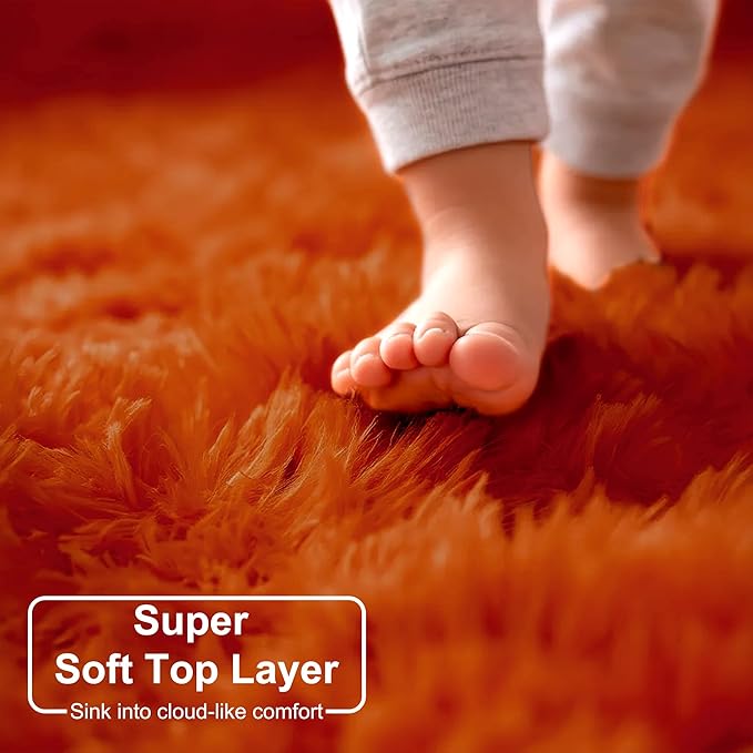 Amdrebio Burnt Orange Round Area Rug 5Ft for Bedroom Living Room, Fluffy Fuzzy Shaggy Furry Circle Rugs for Kids Room Decor Aesthetic, Cute Plush Shag Dark Orange Carpet for Nursery Dorm Classroom