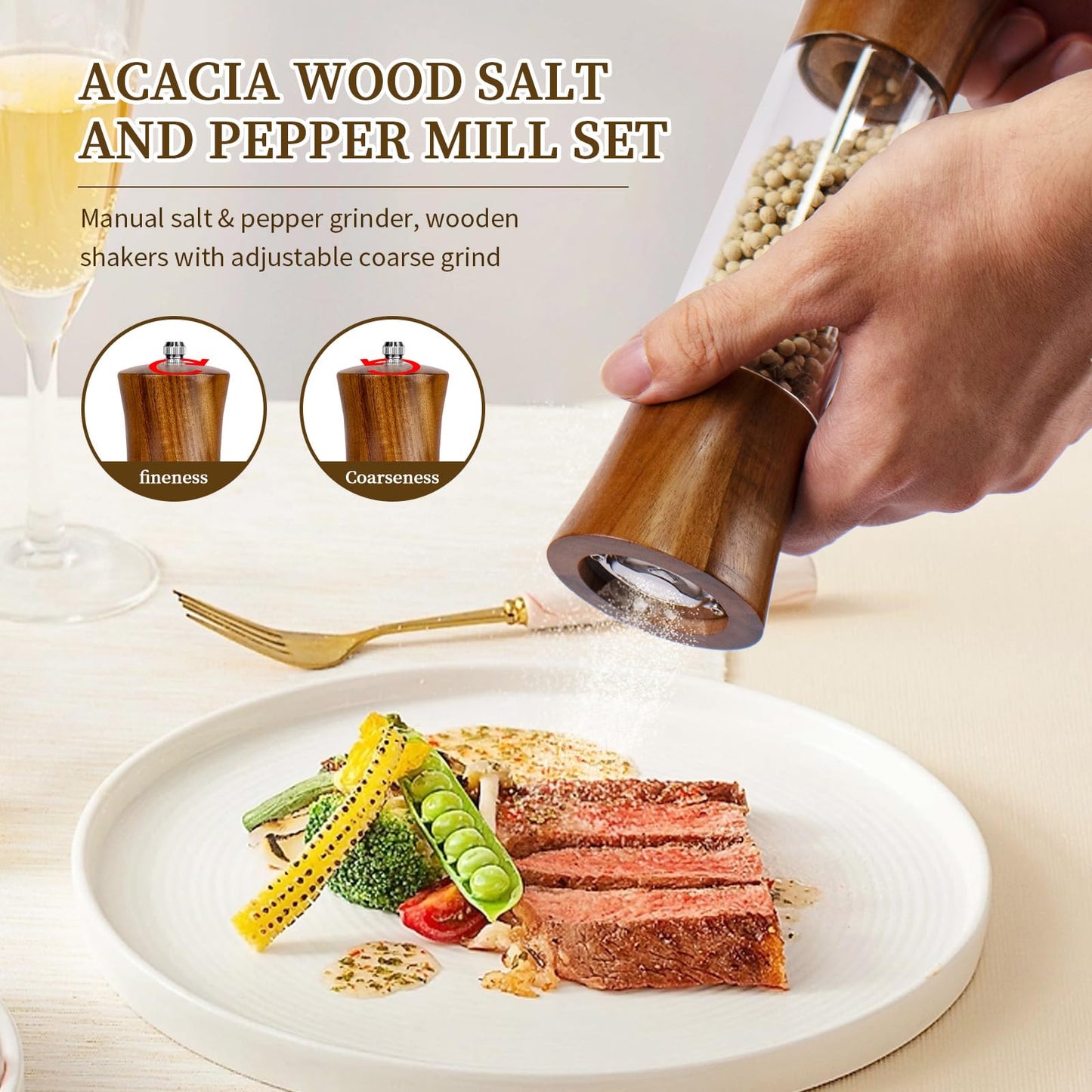 XWXO Acacia Wood Premium Acrylic Salt and Pepper Grinder Set 8 Inches Salt and Pepper Mill Set, Manual Mills- Wooden Shakers with Adjustable Ceramic Core 2 Pack for Kitchen Home Gift