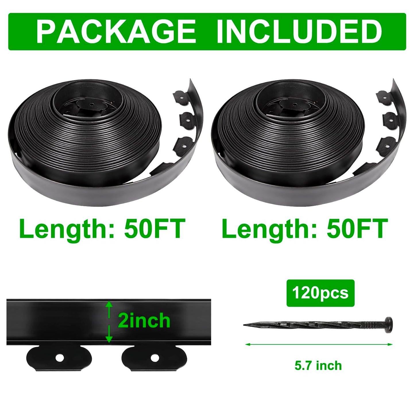 JERIA 2 Inch Tall 100 FT Garden Edging Kit with 120pcs Spikes, Plastic Edging for Landscaping