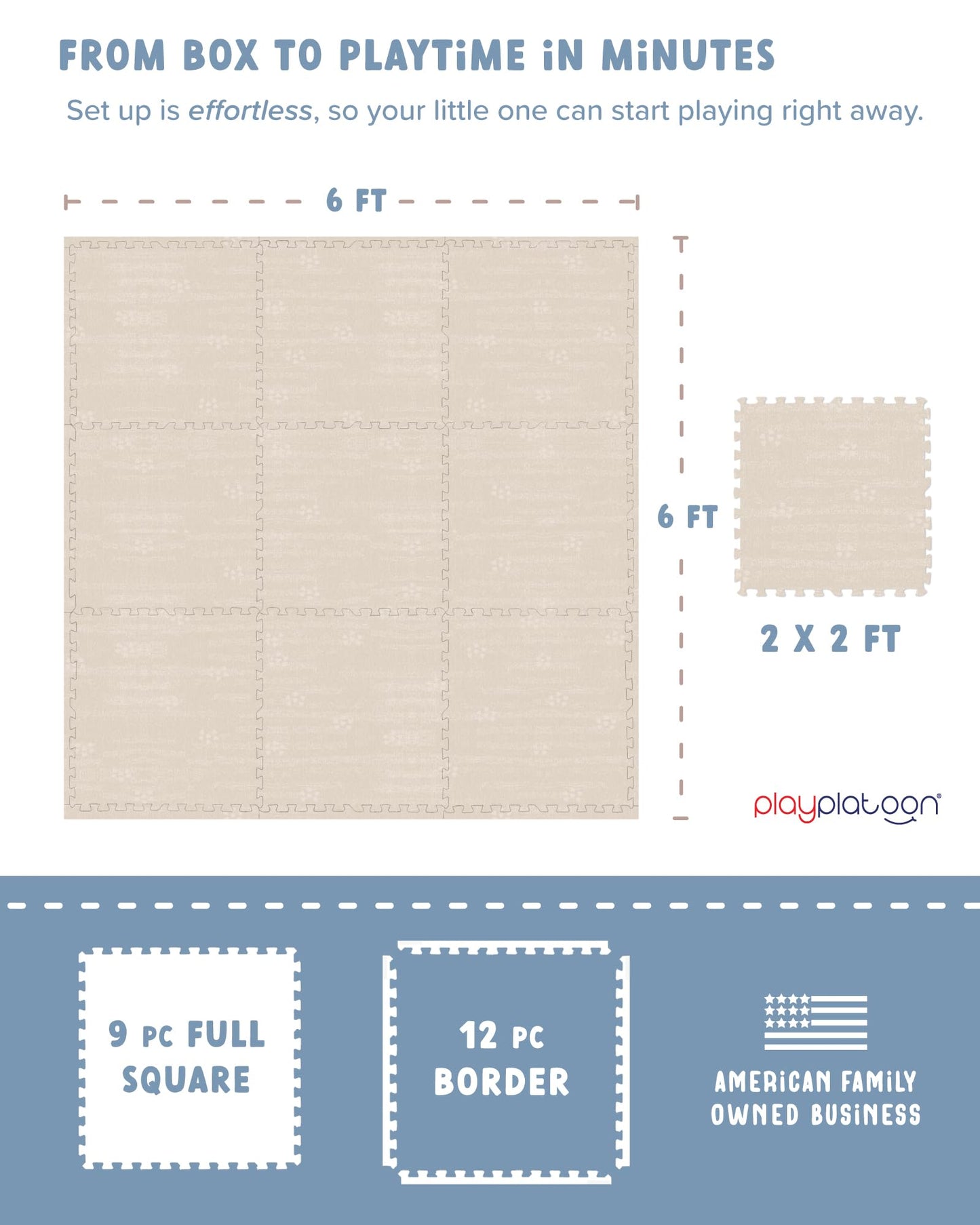 Play Platoon Non-Toxic Large Baby Play Mat for Floor, 9 Tile 72 x 72 inch - Extra-Thick Interlocking Foam Floor Tiles 24 x 24 in Puzzle Mat Pieces with Border, Playmat Rug for Kids - Brushed Cotton