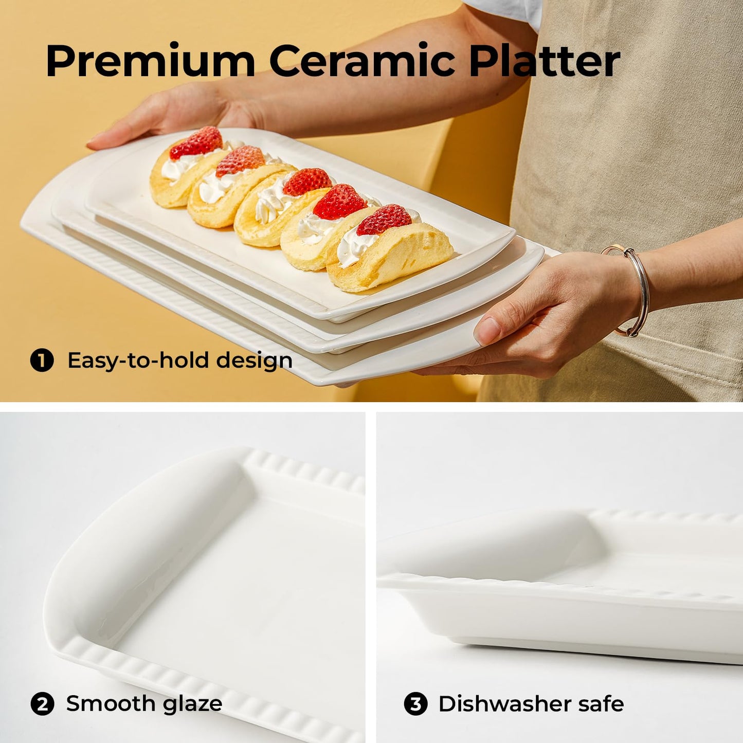 LIFVER Extra Large Serving Platters, 16"/14"/12" Ceramic Rectangle Serving Trays, Serving Dishes for Entertaining, White Platters for Serving Food Party, Turkey Platter for Thanksgiving, Set of 3