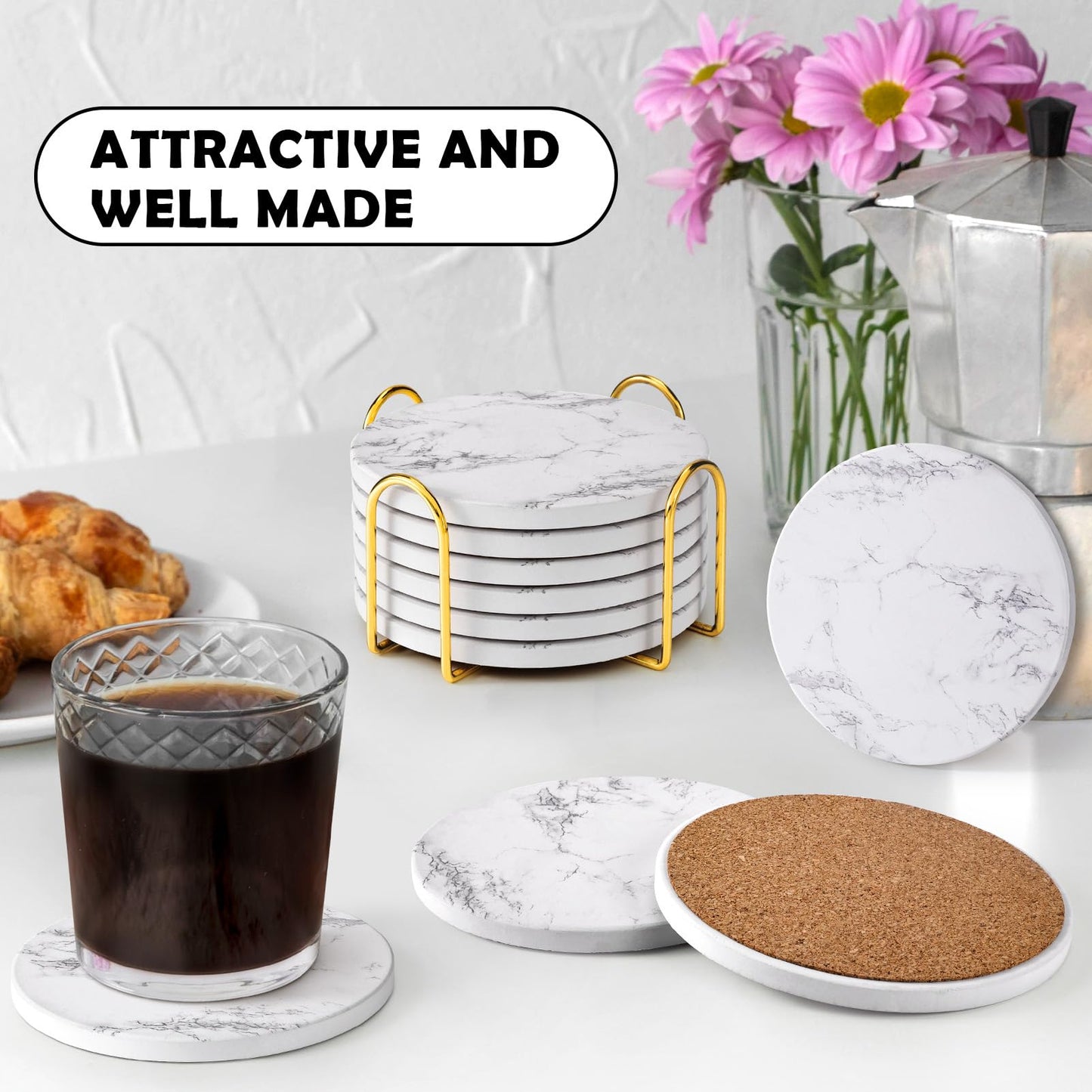 GOH DODD Coasters for Drinks Set of 6, Absorbent Marble Style Ceramic Coaster Tabletop Protection Home Decor with Metal Holder for Coffee Table, Housewarming Gifts Wedding Party, White, Round, 4 Inch
