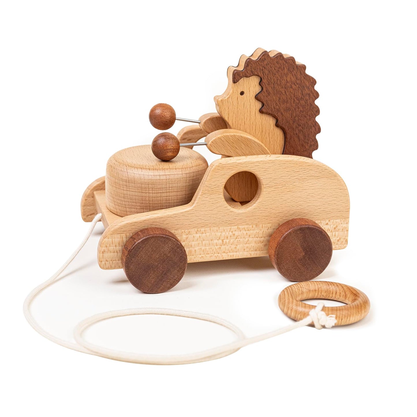 DadCarved Hedgehog Pull-Along Toy | Musical Wooden Pull Toy with Wooden Grip Ring | Natural Drumming Sound for Toddlers 1.5+ Years