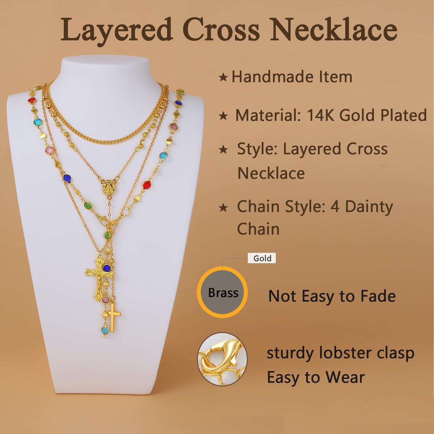 4PCS Layered Gold Cross Necklaces for Women Trendy, Bohemian Bead Pearl Y Long Pendant Necklace Set, Vintage Rosary Necklace Stack Adjustable Length
