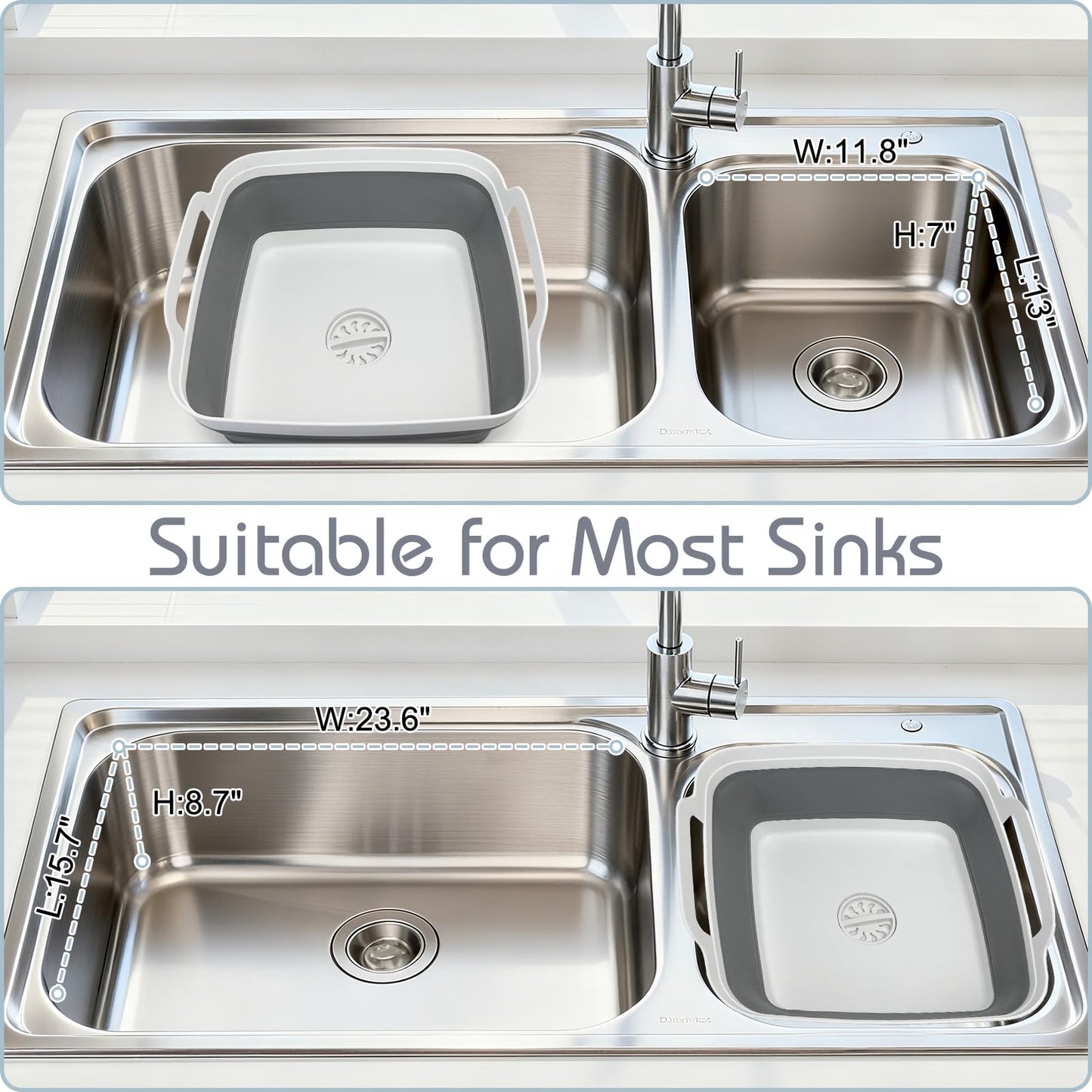 2.4 Gal(9L) Collapsible Dish Basin with Drain Plug, Space Saving Outdoor Multiuse Foldable Sink Tub, Dishpan, Kitchen Storage Tray for Camping, Vegetable Washing, RV (Gray)