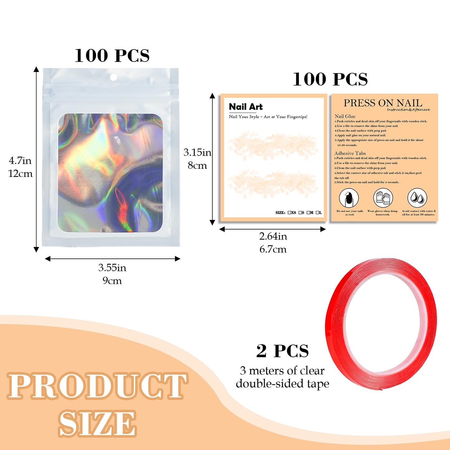 202pcs Press on Nail Packaging Bag, 100pcs Empty Holographic Nail Storage Bag and 100pcs Instruction&Display Black Cardboard with 2 Roll Transparent Tape for Nail Display Profession Salon(White, 100)