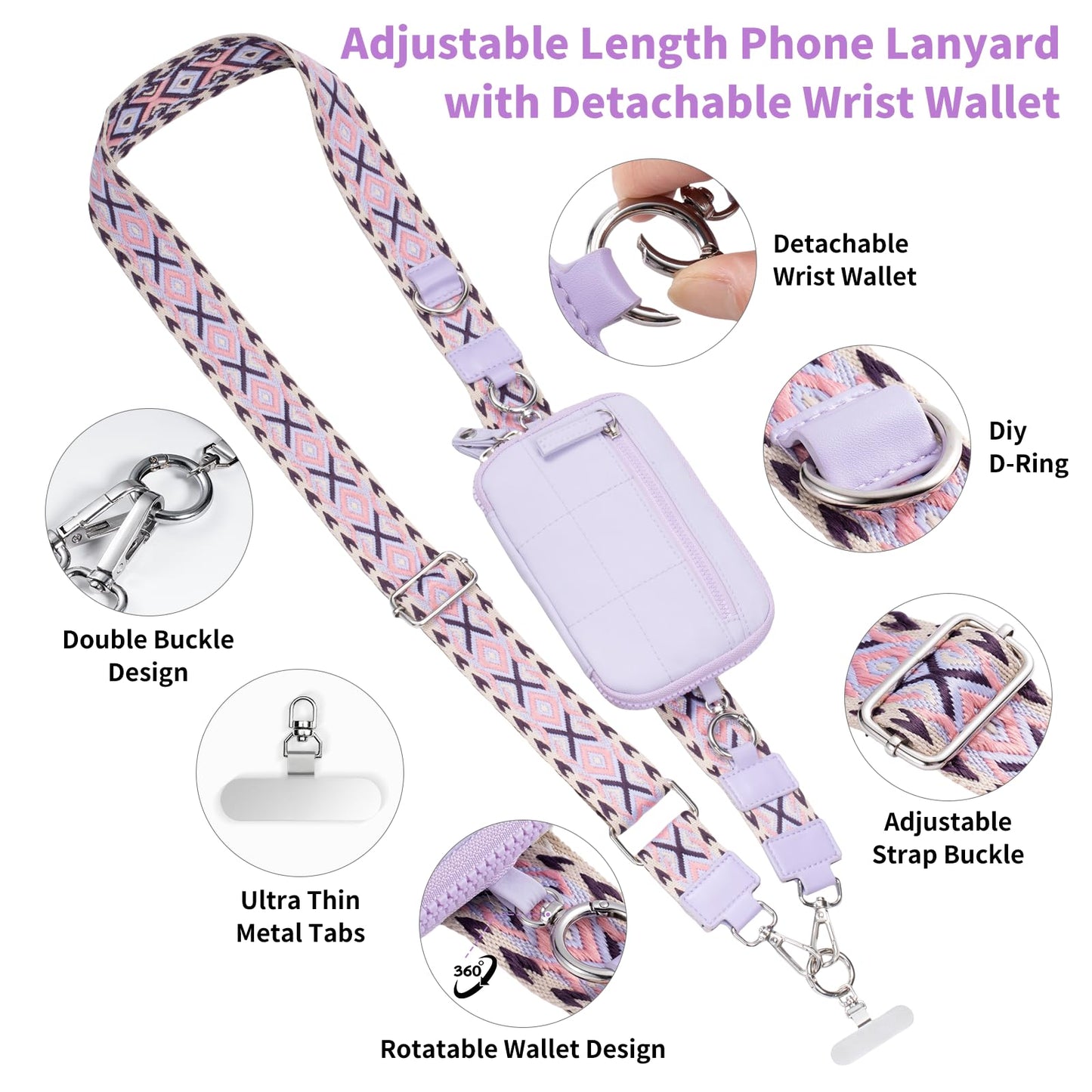 Tiostep Clip and Go Strap for Phone with Wallet Crossbody Phone Lanyard with Anti-Theft Zipper Pouch Detachable Quilted Wrist Wallet with RFID and ID Window for Daily Travel. Purple Large