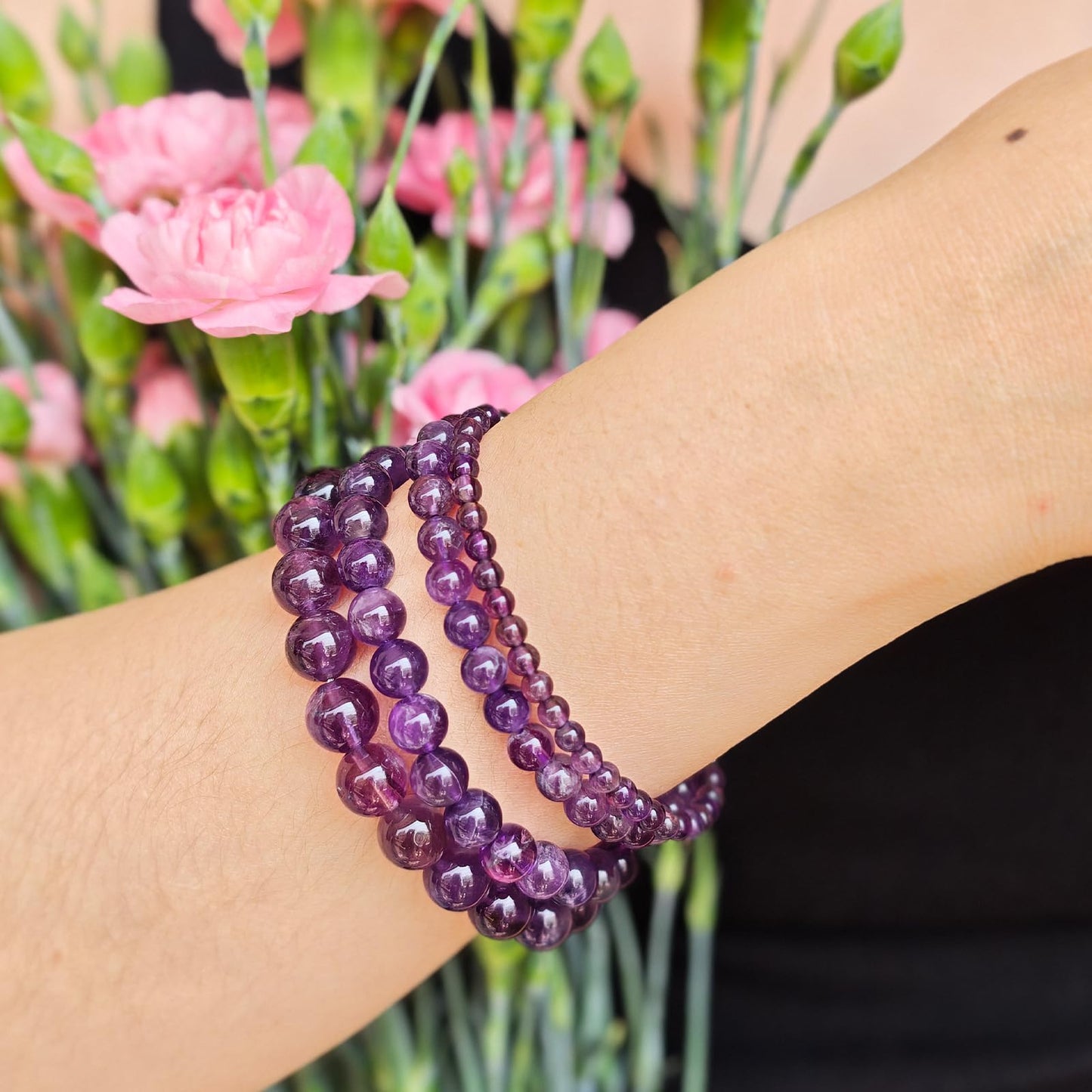 Handmade Natural Gemstone Elastic Bracelet - Healing Crystal Beads Jewelry, Unisex (Amethyst, 8mm)