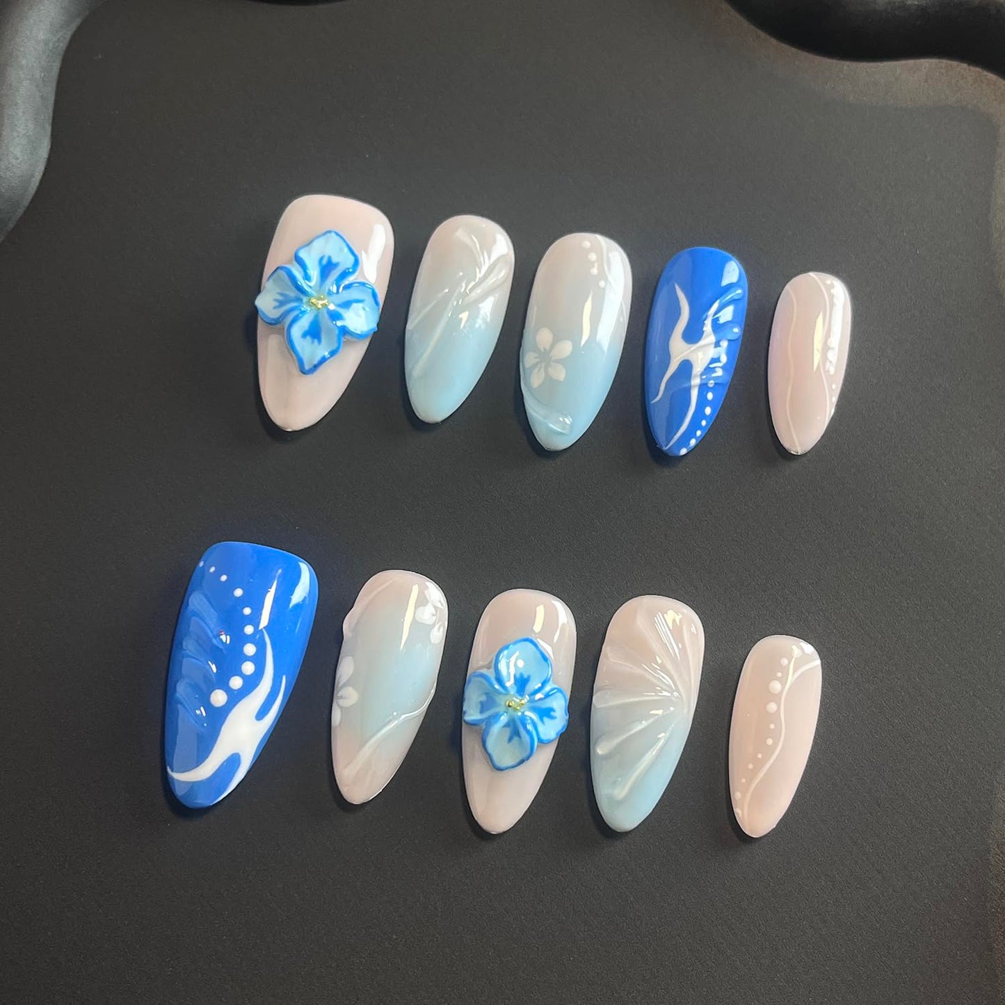 Luxury Press on Nails Medium Almond Handmade 3D Unique Reusable ABS Material Fake Nails Blue False Nails with Designs Blue White Flower Art Petal Glossy Thick Acrylic Nails(S)