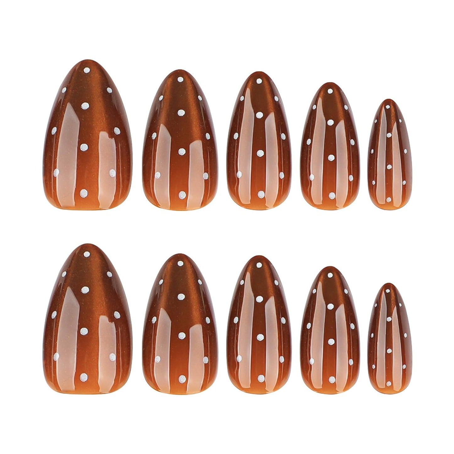Glossy Brown Ombre Press-On Nails with White Dots, Almond Shape, 24PCS False Nails for Women, Durable & Easy to Apply, Salon-Quality Nail Art