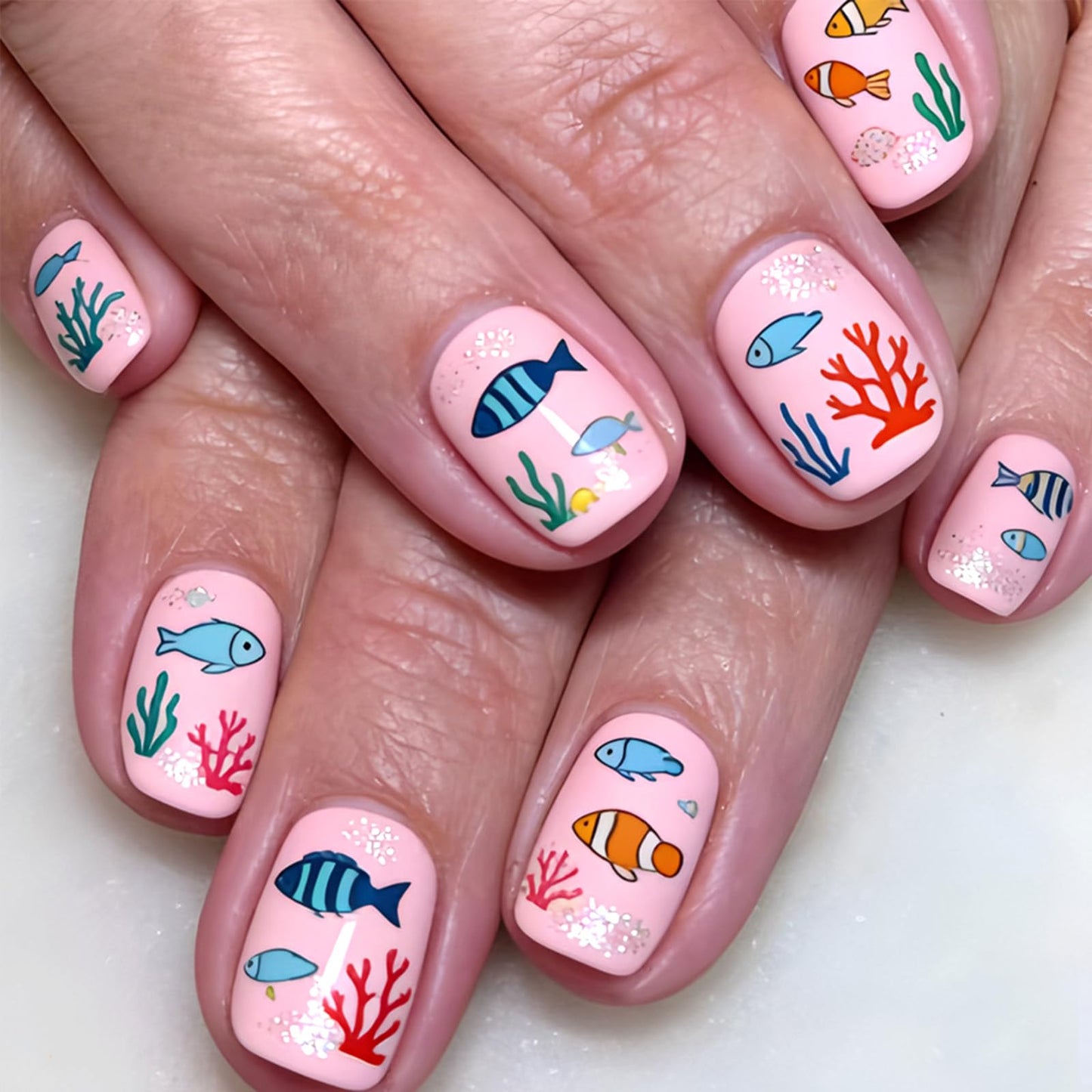 Spring Summer Press on Nails Short Square Fake Nails Pink False Nails with Sea Fish Coral Designs Glossy Glitter Stick on Nail Reusable Artificial Glue on Nails for Women Manicure 24Pcs