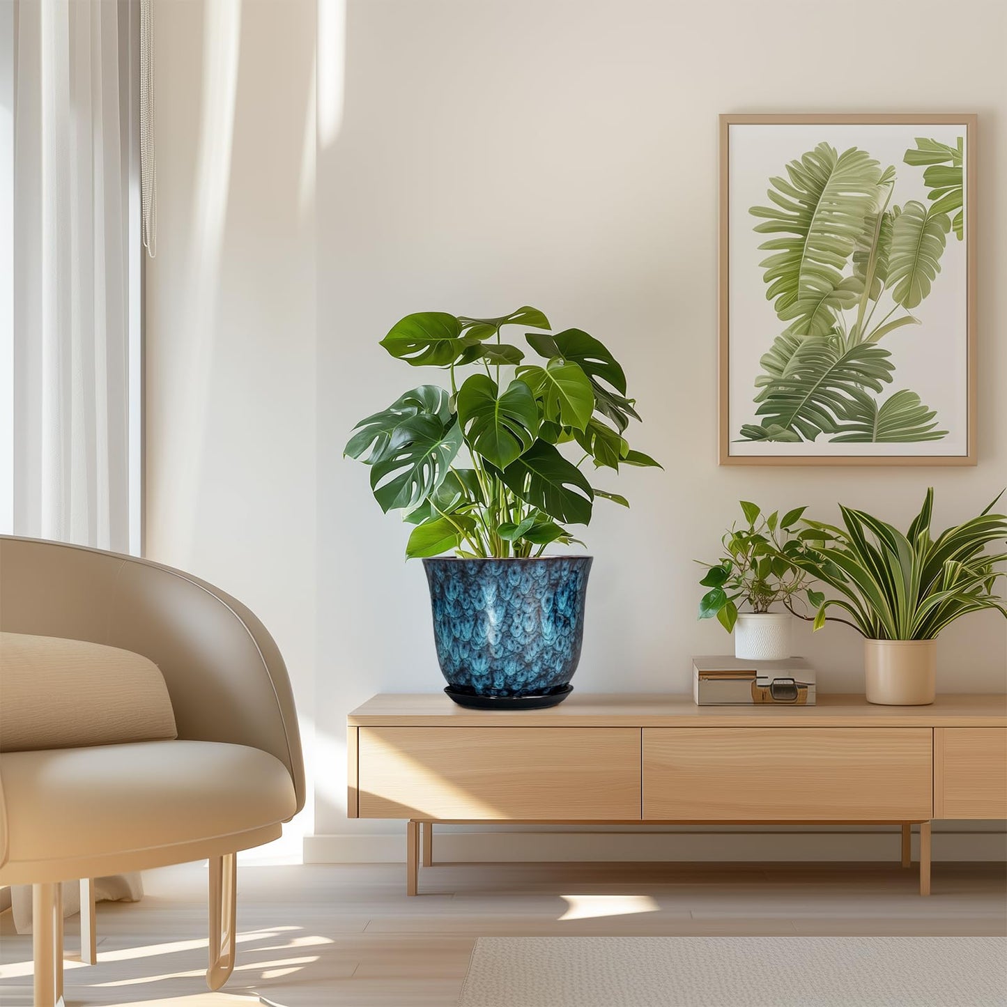 SUNPOTFOR 8 Inch Plant Pot - Ceramic Planter for Indoor Outdoor, Round Planter with Drainage Hole and Saucer, Modern Planters, Flower Pots, Apartment Porch Room Home Decor, Gardening Gifts, Blue