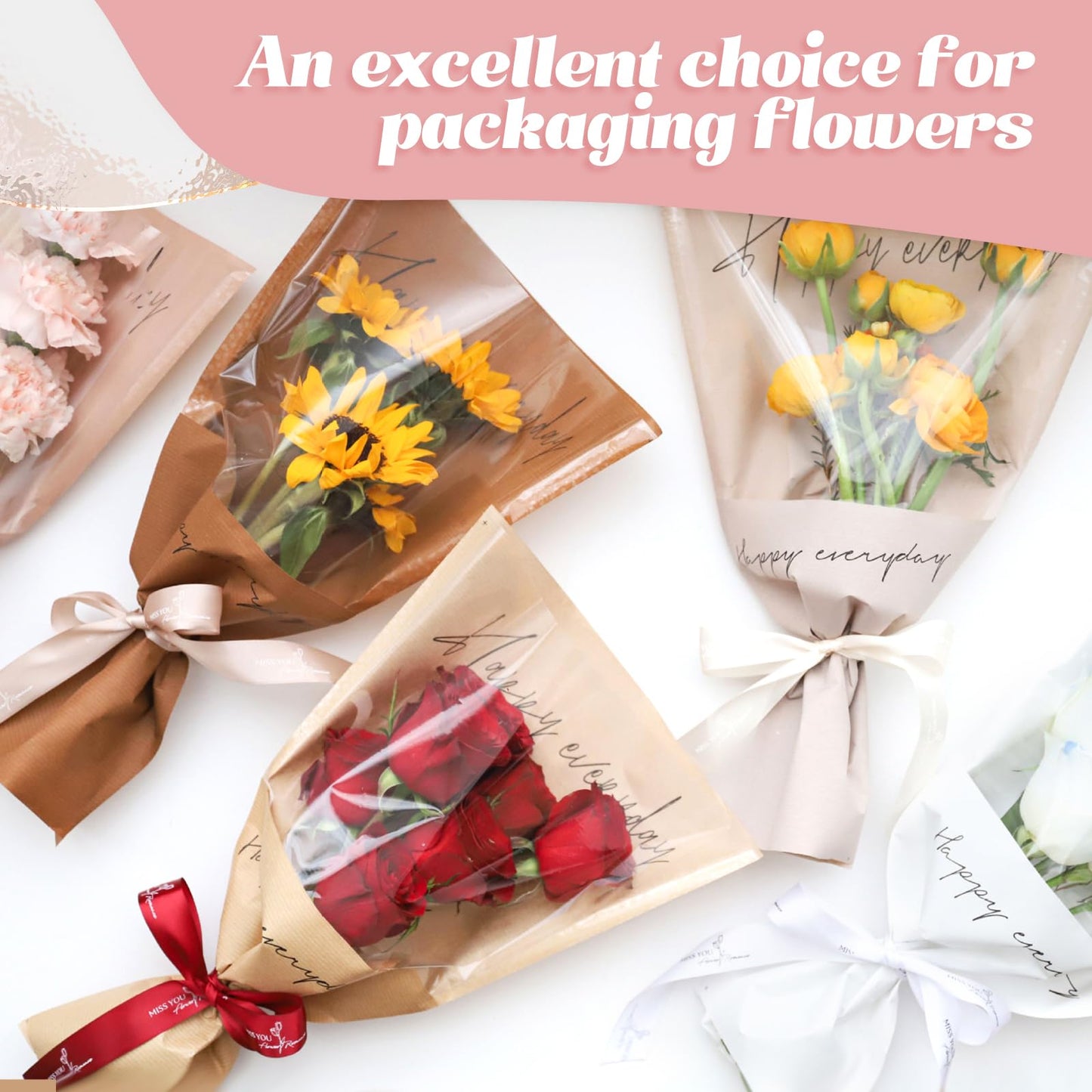 Harloon 100 Pcs Flower Bags for Bouquets Clear Flower Wrapping Papers Sleeves 11 x 5.1 x 17.3in Multiple Florist Packaging Supplies for Anniversary Wedding(Coffee)