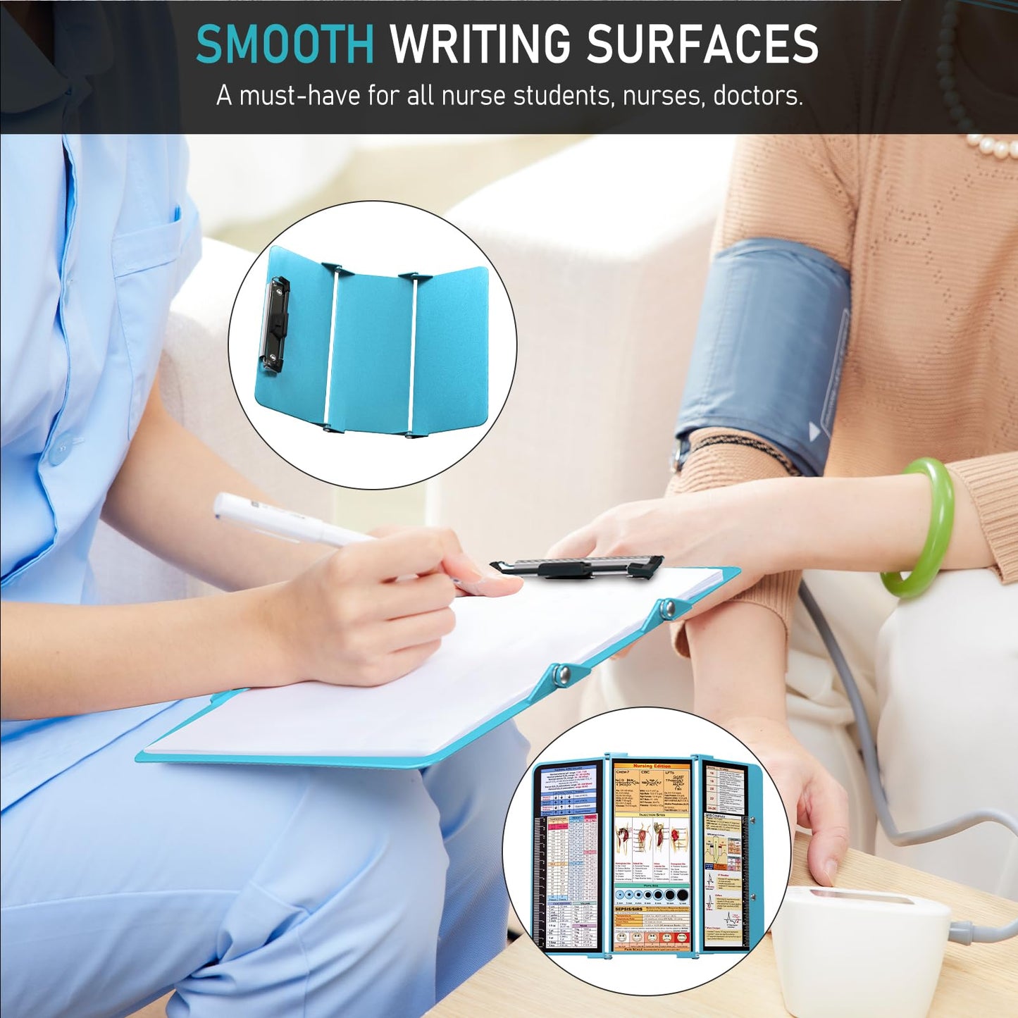 Nursing Clipboard Foldable, Foldable Clipboard w/Nursing Edition Cheat Charts,3 Layers Aluminum, Nurse Clipboard w/Low Profile Clip&Pen Clip Pocket for Students, Nurses and Doctors, Blue