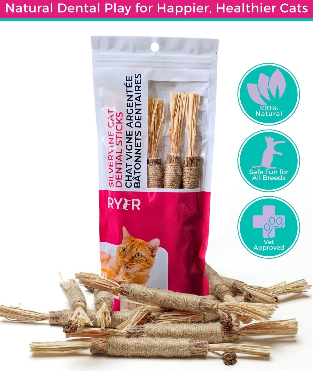 RYERCAT Silvervine Sticks for Cats - 100% Natural Cat Chew Toy for Aggressive Chewers and Kitten Teething - Pet Friendly, Smooth Finish, Irresistible Taste and Smell (5 Pack)