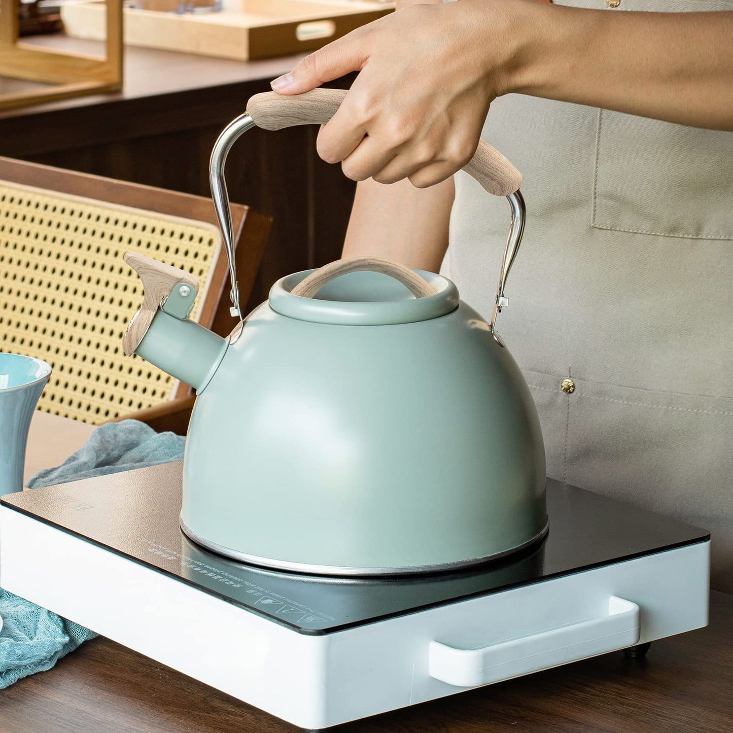3.2 Quart Whistling Tea Kettle for Stove Top Stainless Steel Tea Pots With Wood Pattern Anti-slip Handle, Green…