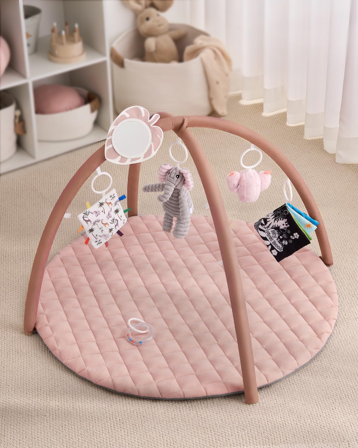 Blissful Diary Baby Play Gym Mat, Tummy Time Activity Mat with 6 Detachable Toys for Skill Development, Baby Essentials Gift, Soft Pink