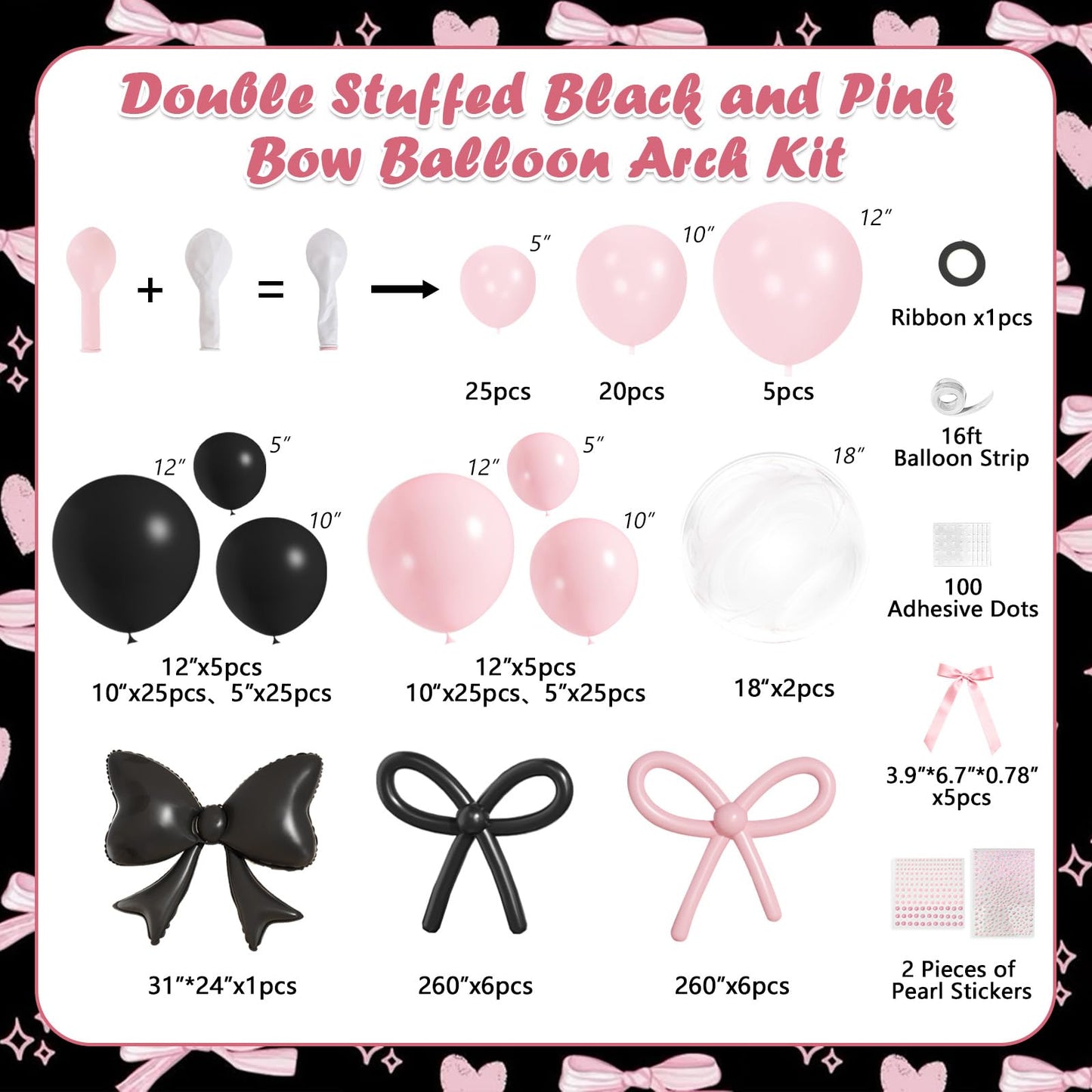 Pink and Black Balloons Arch Kit,189Pcs Pink and Black Birthday Party Decorations with Bow Foil Double Stuffed Pearl Pink Balloons Ribbon Pearl Stickers for Birthday Bachelor Bridal Baby Shower