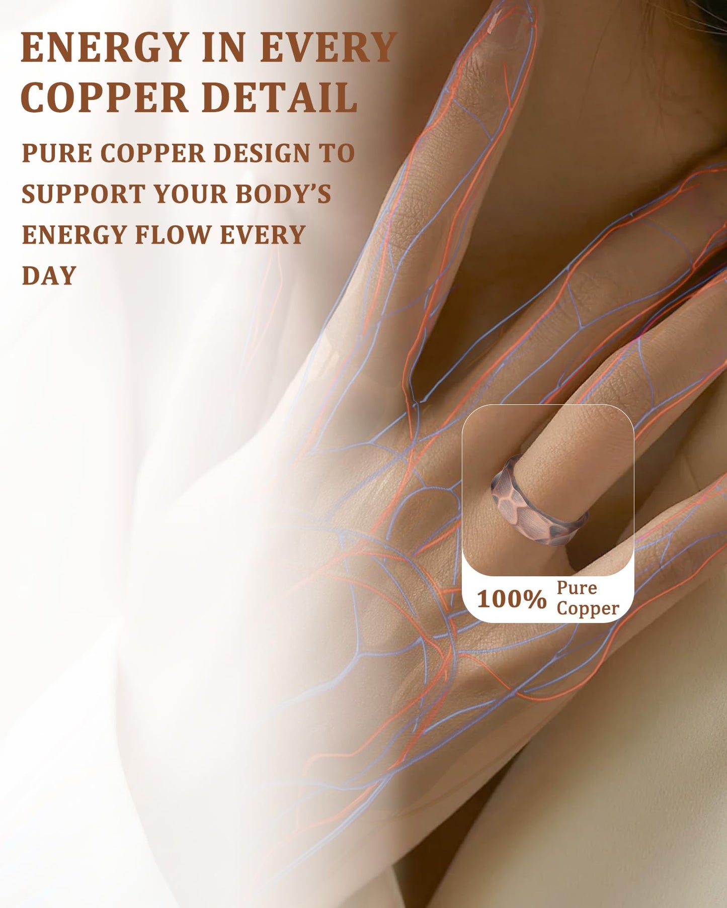Fashtour 100% Pure Copper Rings for Women & Men (Two-Pack) — Solid Raw Copper — Uncoated Handmade Adjustable Open-End Tibetan Style Rings (Hammered)
