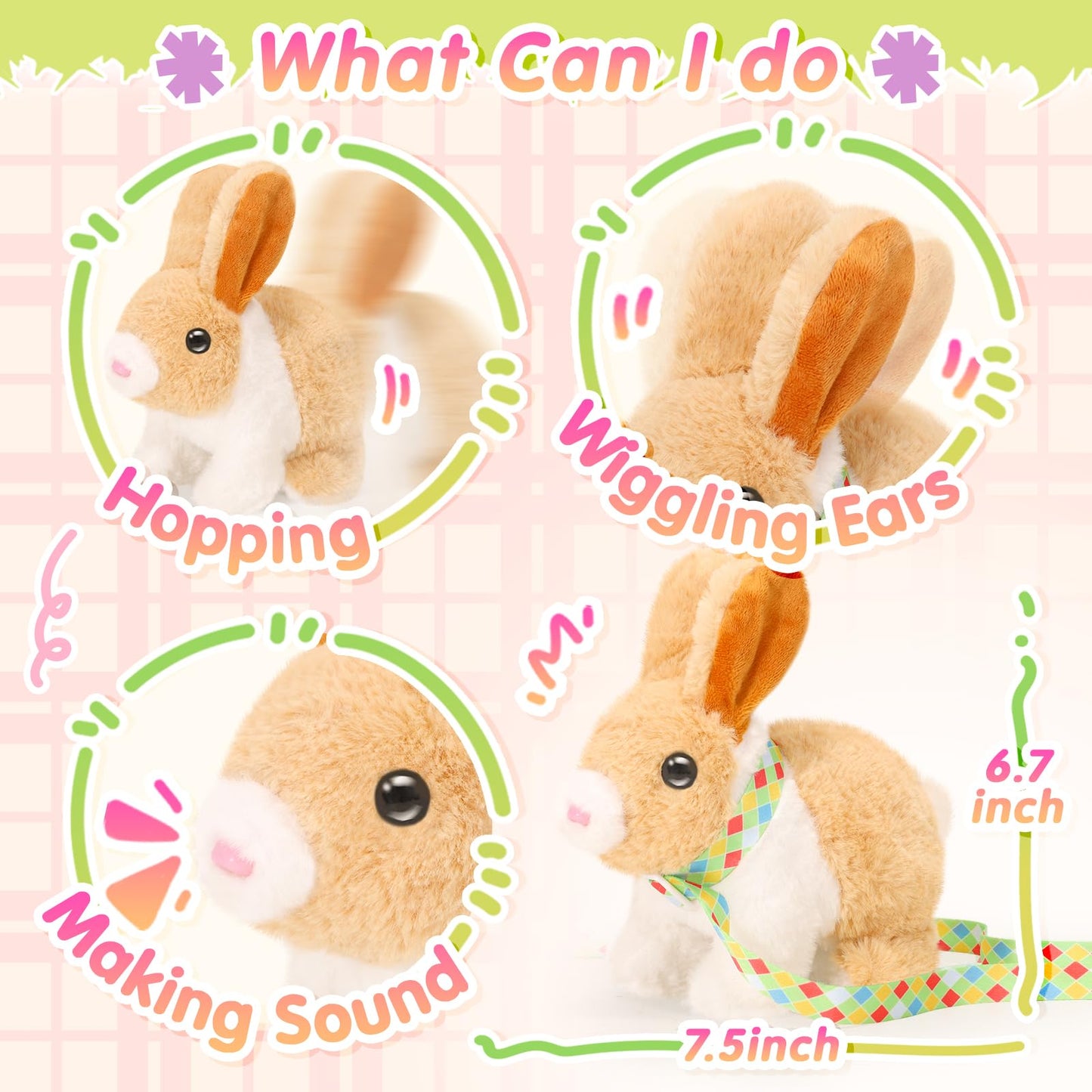 Tagitary Easter Plush Bunny Toys for Kids,Hopping Interactive Rabbit with Leash and Wind Up Toys,That Making Sounds,Wiggling Ears,Twitching Nose,Easter Basket Stuffers Gift for Toddlers
