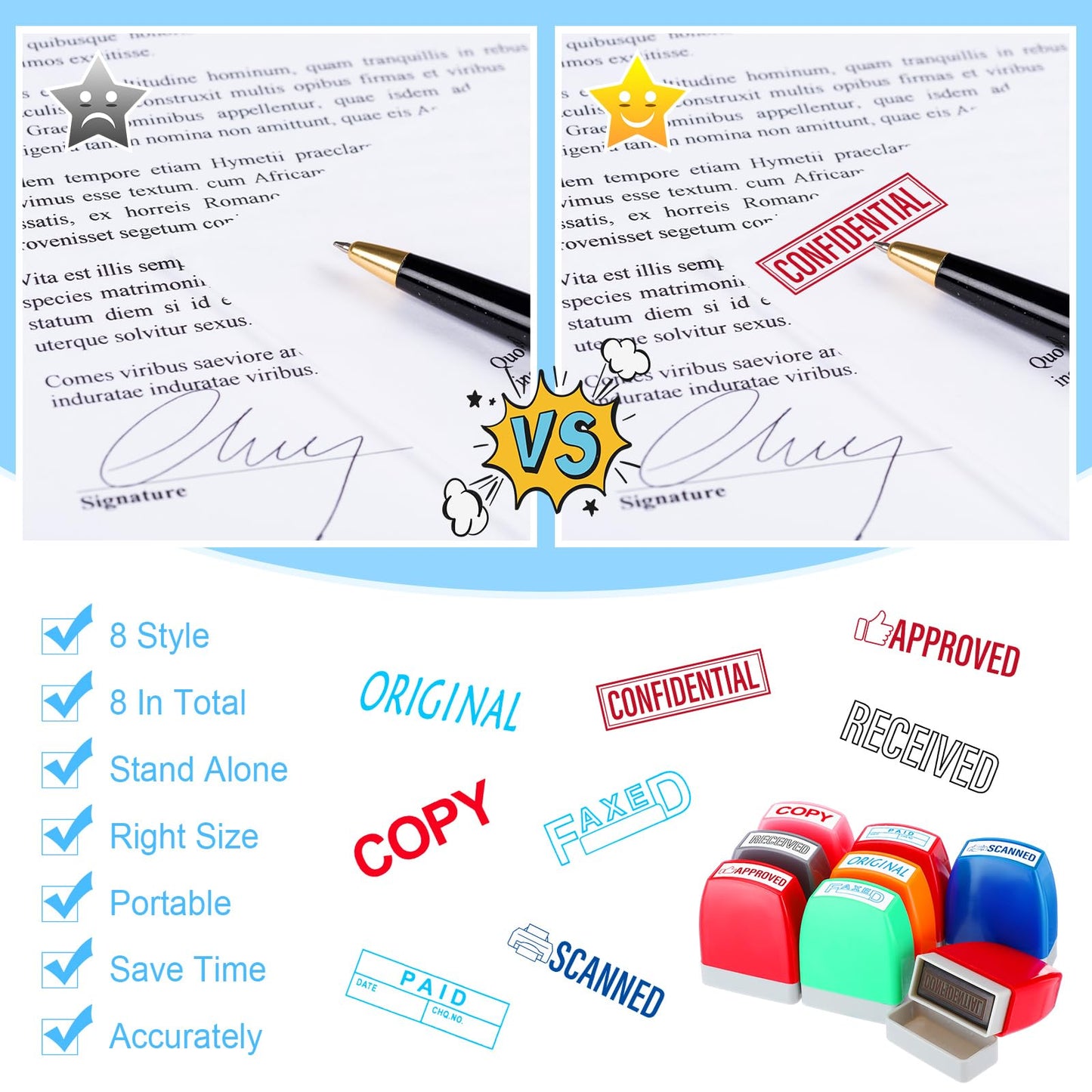 Crtiin 8 Pcs Office Stamp Set - Approved, Paid, Copy, Faxed, Scanned, Confidential, Received, Original - Self Inking Rubber Stamps Plastic, Rectangular for Business(Style 1,Mixed Colors)