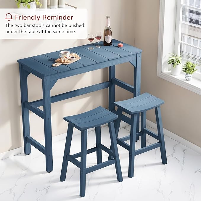 Stoog All-Weather Patio Bar Set, 3-Pieces Outdoor Bar Table and Stools Set, Counter Height Bar Stools Set of 2, Low Maintenance, for Backyard, Garden, Balcony, and Deck, Blue