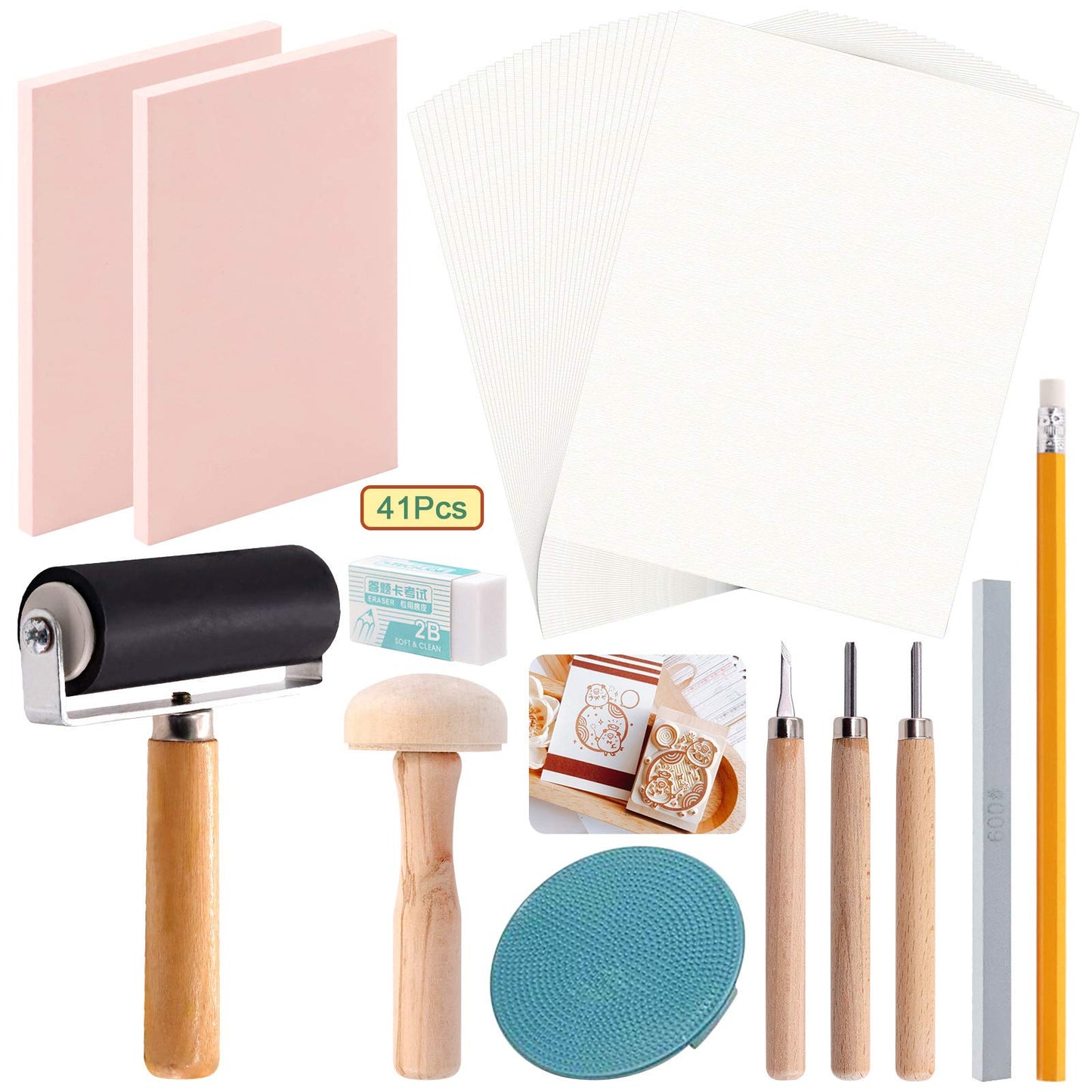 Keadic 41 Pieces Rubber Stamp Making Kit, Includes 2 Rubber Stamps Carving Blocks, 3 Carving Tools & Whetstone, Tracing Papers, Brayer Roller, Block Printing Tools for Stamp Carving and Printmaking