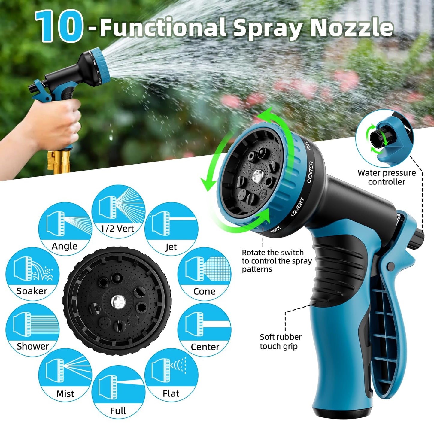 Garden Hose, Non-Expandable Water Hose 25 ft, Flexible, Kink & Leak Proof Water Pipe with 10-Function Spray Nozzle, Lightweight Outdoor Hose for Yard, Lawn, Car Wash, RV and Home Use