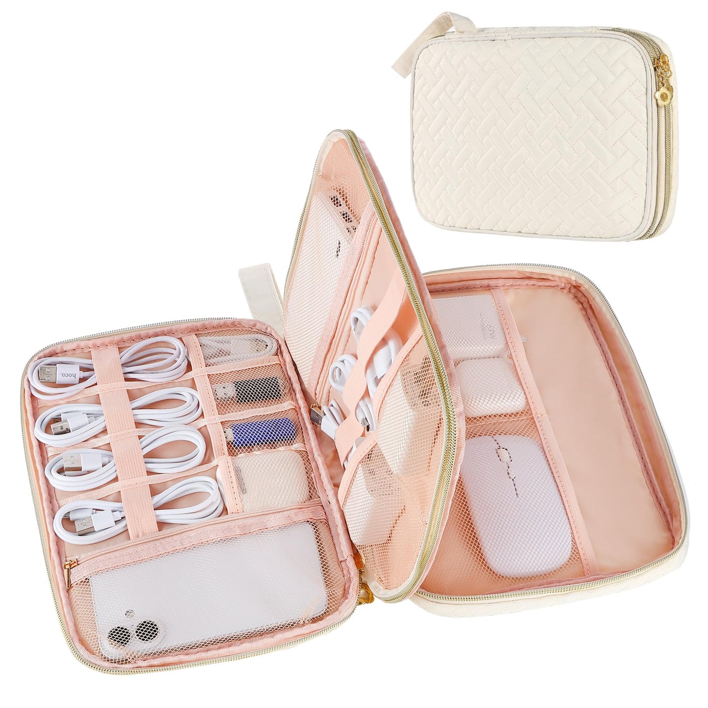 ZFZGFRCS Electronics Organizer Travel Case, Charger Bag Cord Organizer Travel, All-in-One Cable Organizer Bag for Charger, Cords, Phone, Headphones, Flash Drive, SD Card (Beige, Large-Double Layer)