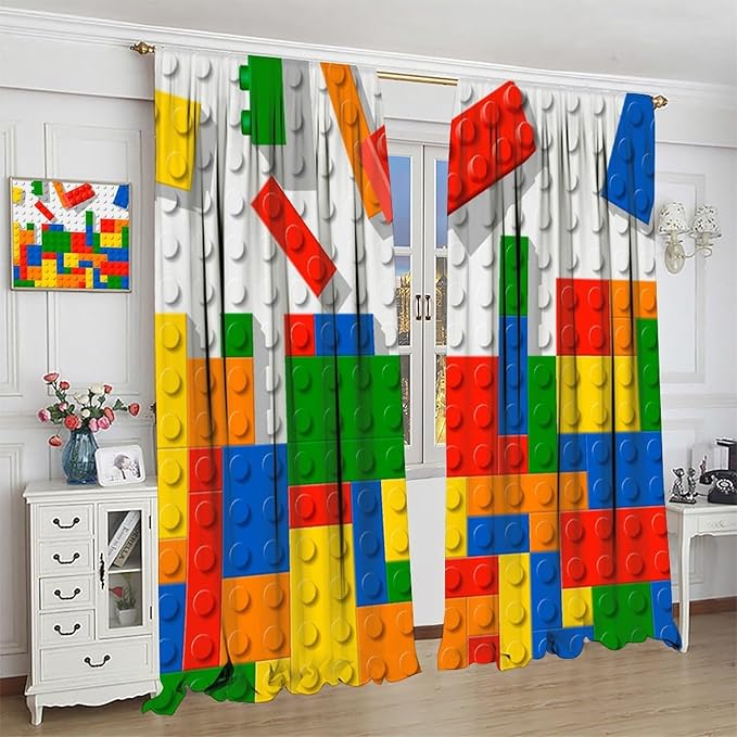 Building Blocks Toy Curtain Rod Pocket Children's Nursery Abstract Outline Colorful Plastic Toy Brick Geometric Print Pattern Curtain Boys Girls Bedroom Playroom 2 Panels 84x84in
