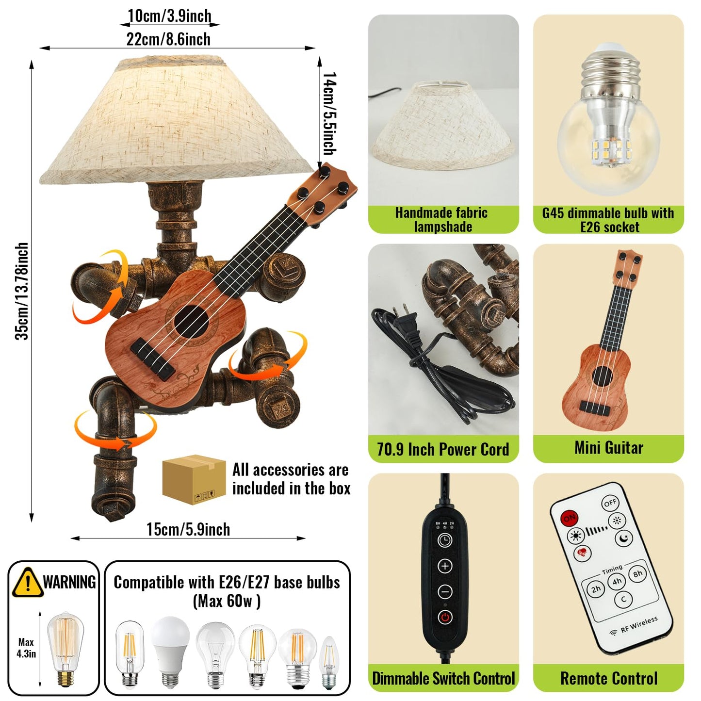 Lovefindahome Vintage Industrial Robot Guitar Table Lamp with Bulb - Remote Control,Timer,Dimmable - Cool Gifts for Music Lovers,Men,& Musicians - Steampunk & Retro Style Bronze