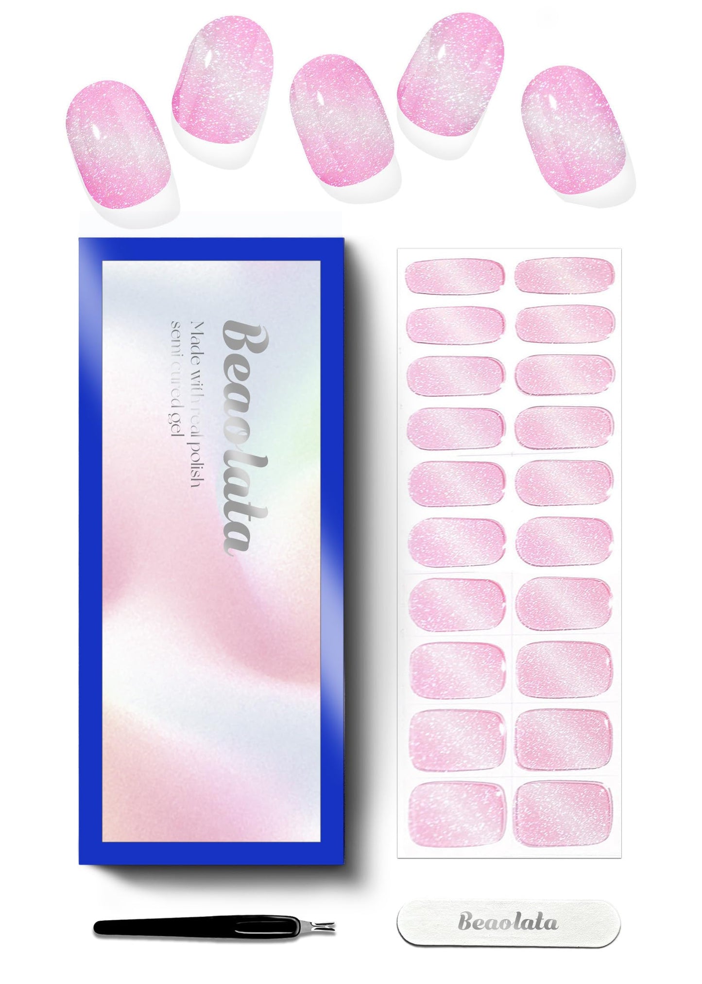 Beaolata Semi Cured Gel Nail Strips - UV Light Gel Nail Stickers - 20 Long Lasting Salon Quality Wraps (Queen's Violet Pink)
