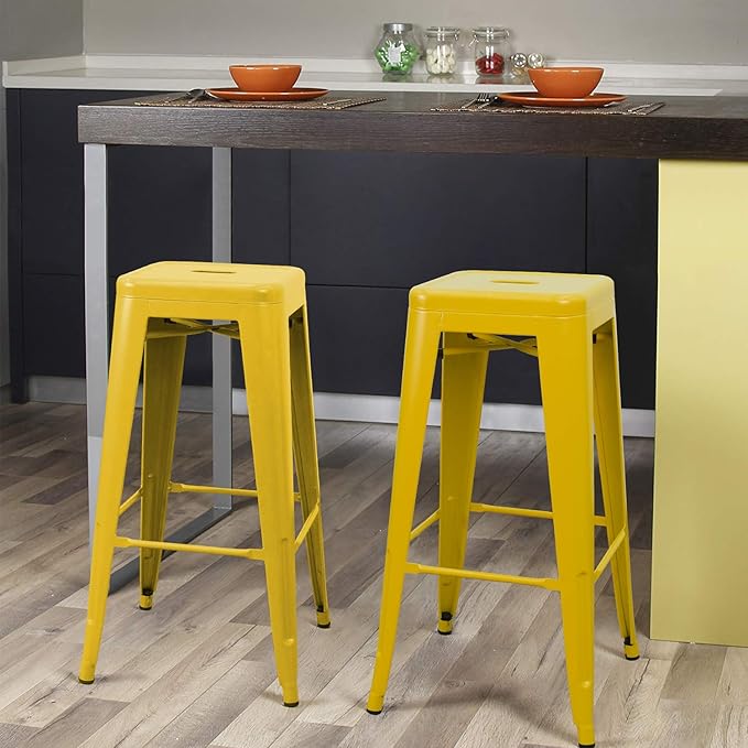 Furniwell 30 Inches Metal Bar Stools High Backless Tolix Indoor-Outdoor Stackable Barstool with Square Counter Seat Set of 4 (Yellow)